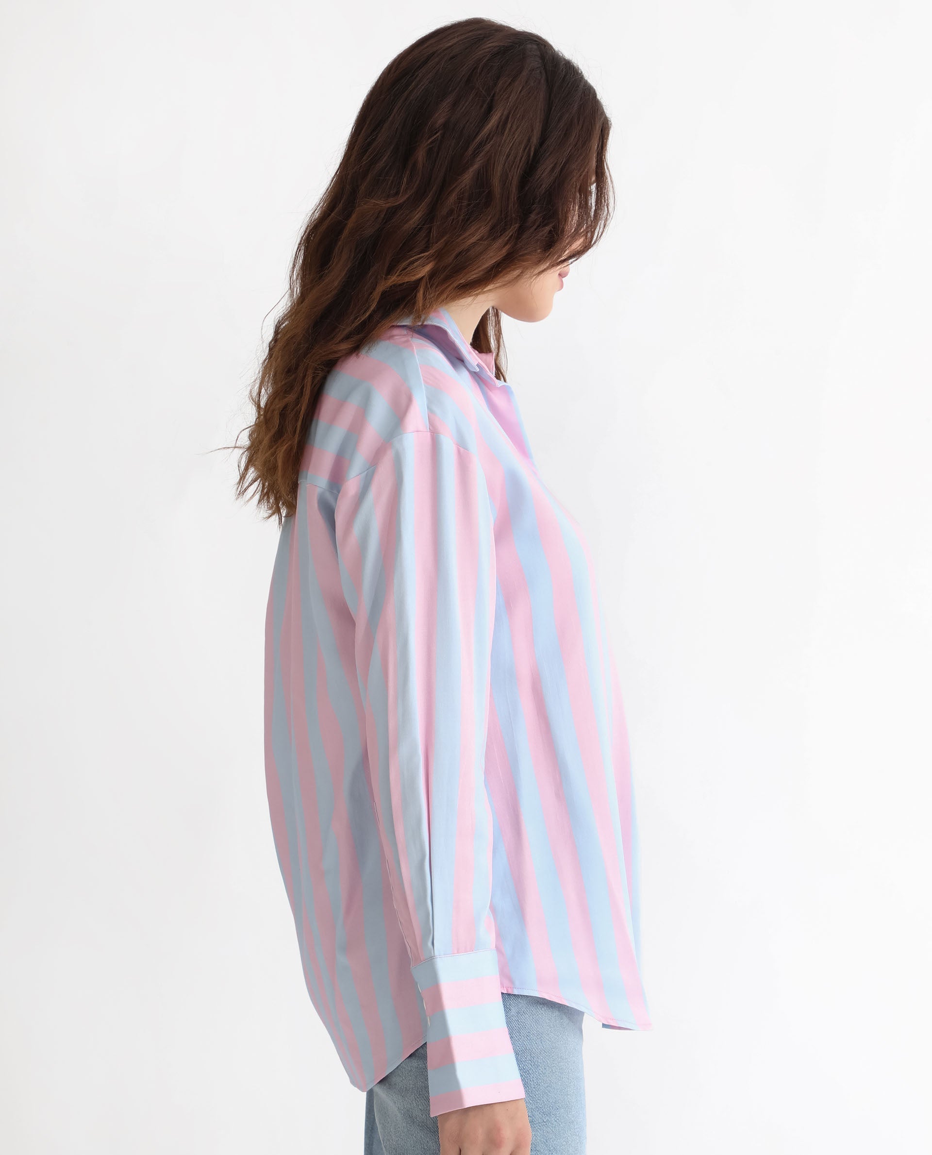 Rareism Women Lenona Pastel Blue Cotton Fabric Full Sleeves Button Closure Shirt Collar Slim Fit Striped Shirt
