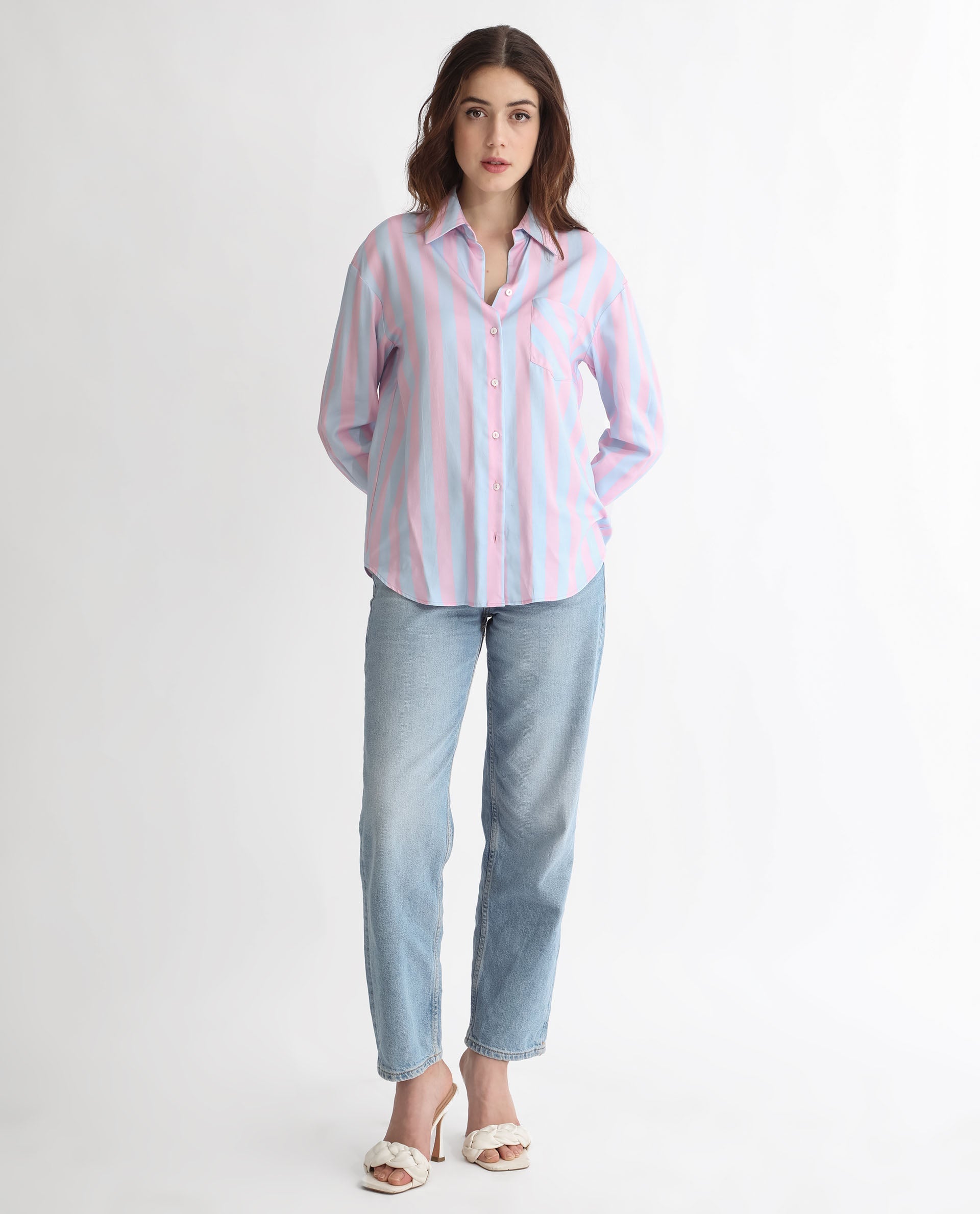Rareism Women Lenona Pastel Blue Cotton Fabric Full Sleeves Button Closure Shirt Collar Slim Fit Striped Shirt