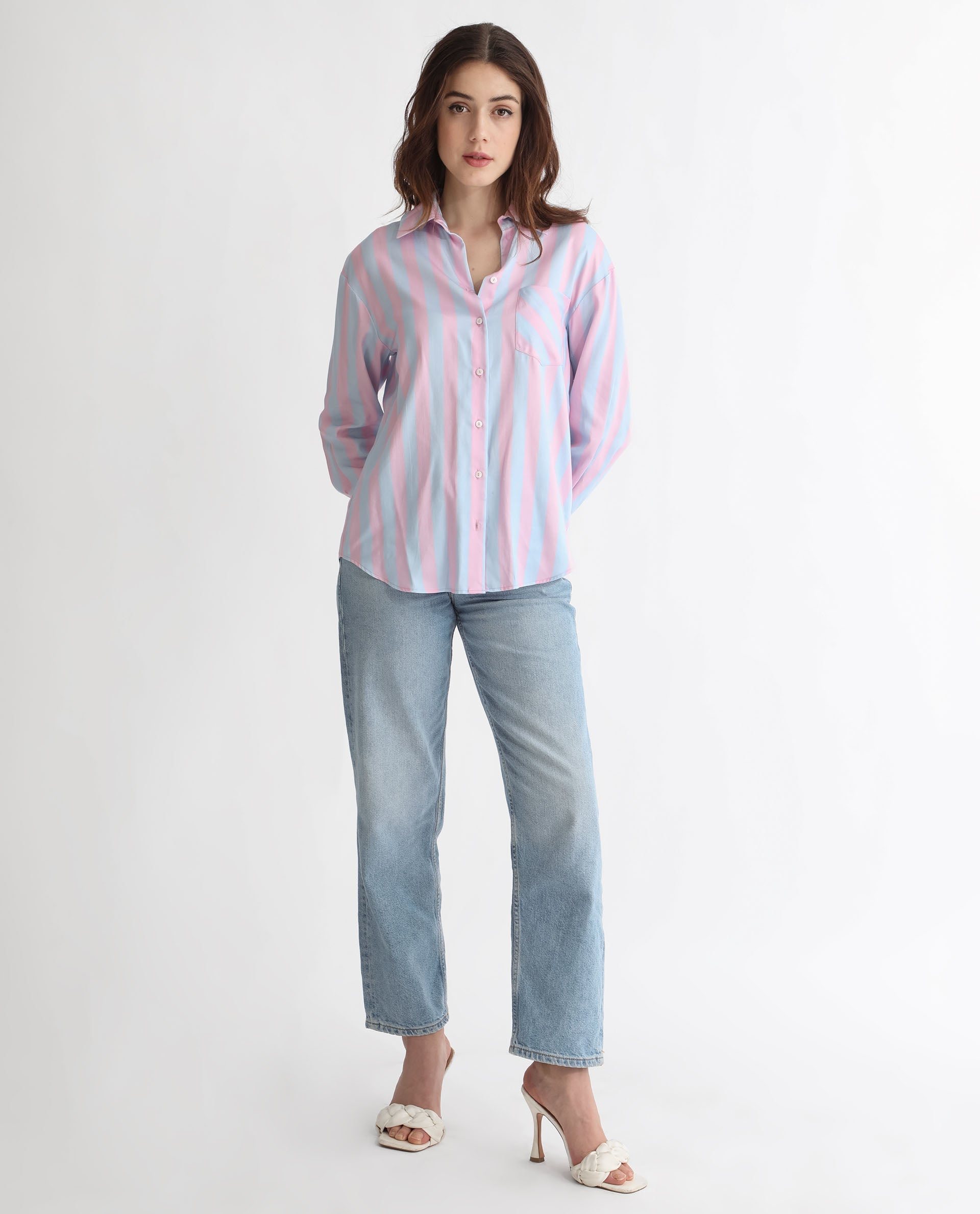 Rareism Women Lenona Pastel Blue Cotton Fabric Full Sleeves Button Closure Shirt Collar Slim Fit Striped Shirt