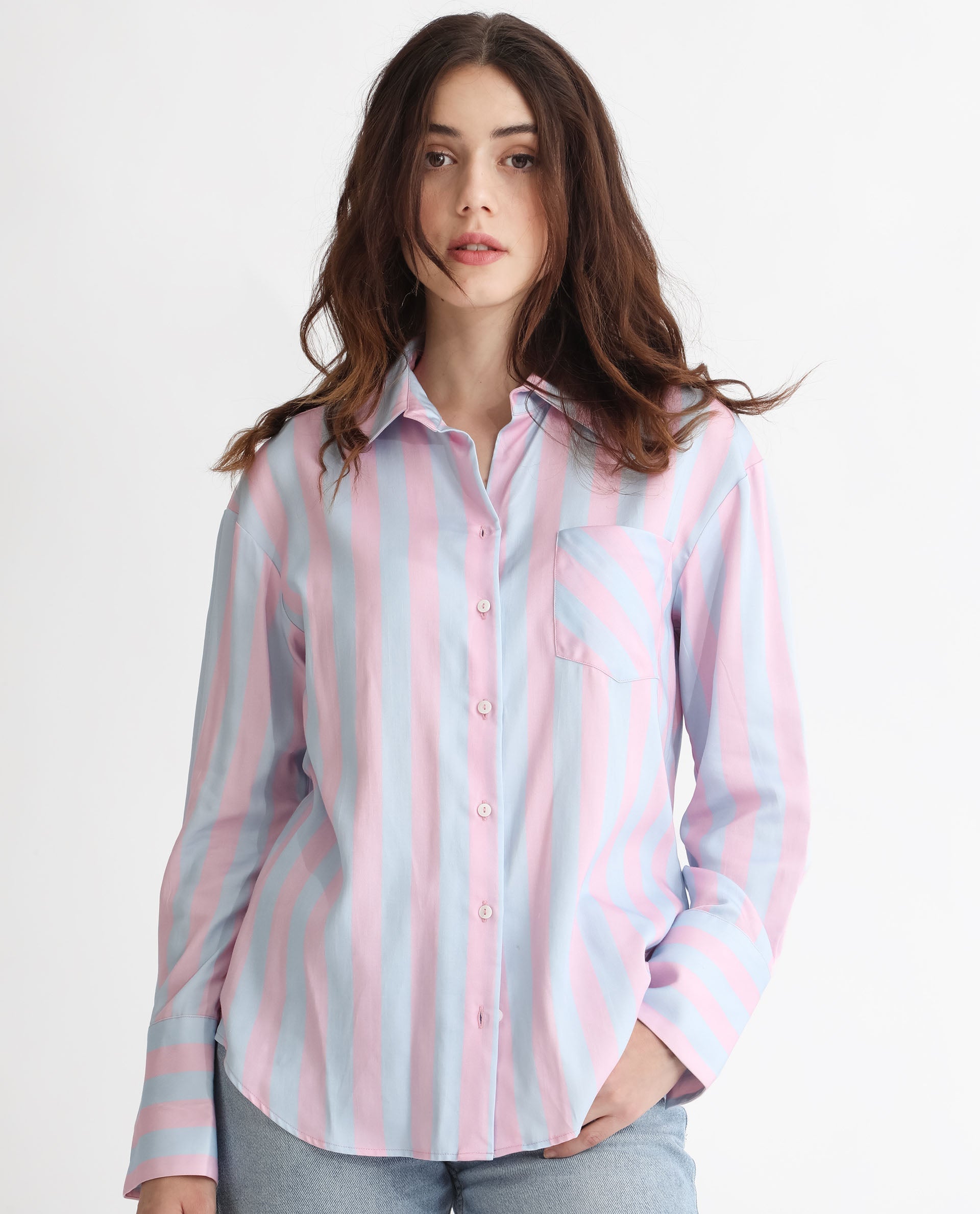Rareism Women Lenona Pastel Blue Cotton Fabric Full Sleeves Button Closure Shirt Collar Slim Fit Striped Shirt