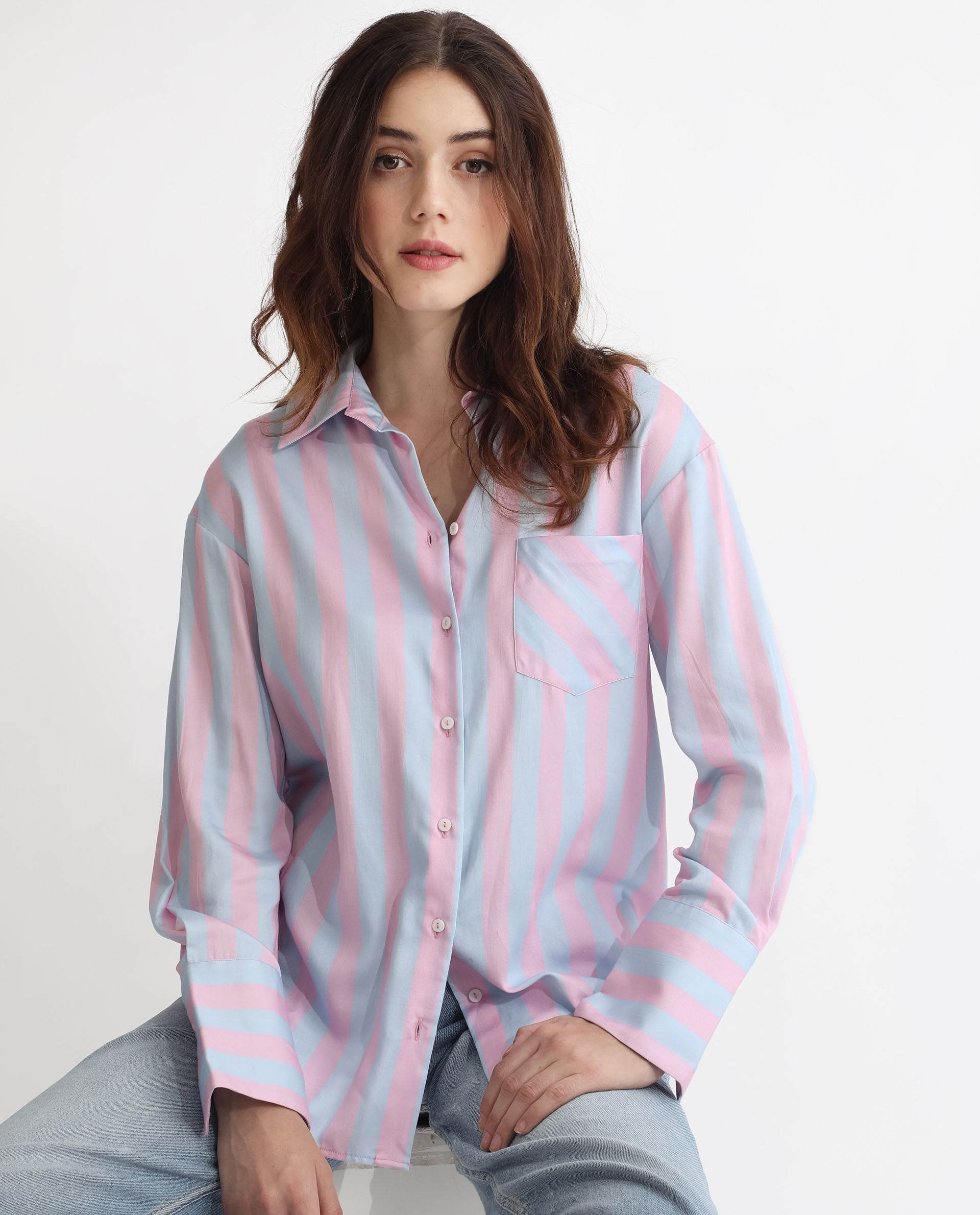 Rareism Women Lenona Pastel Blue Cotton Fabric Full Sleeves Button Closure Shirt Collar Slim Fit Striped Shirt