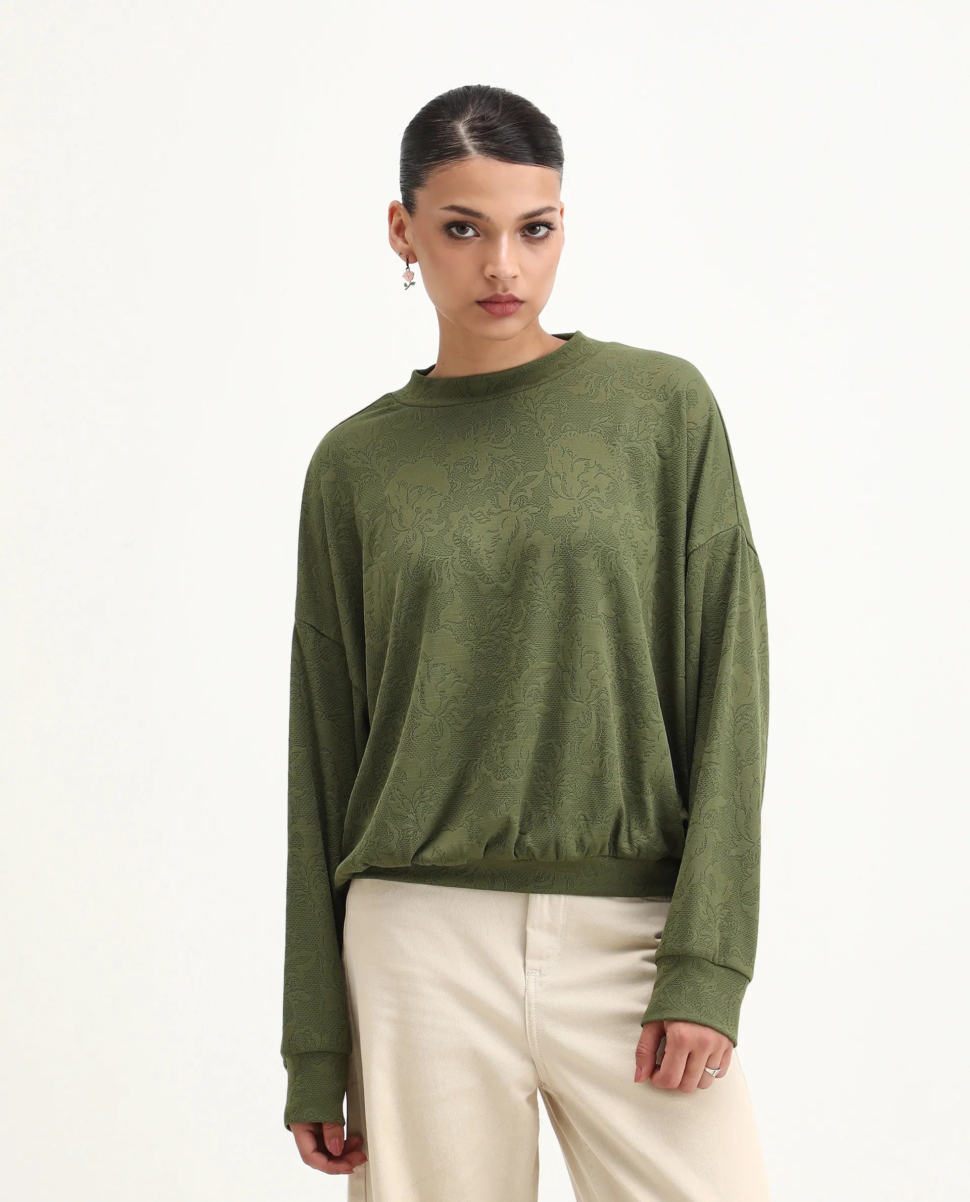 Rareism Women's Lent Olive Polyester Blend Crew Neck Oversize Fit Jacquard Sweatshirt