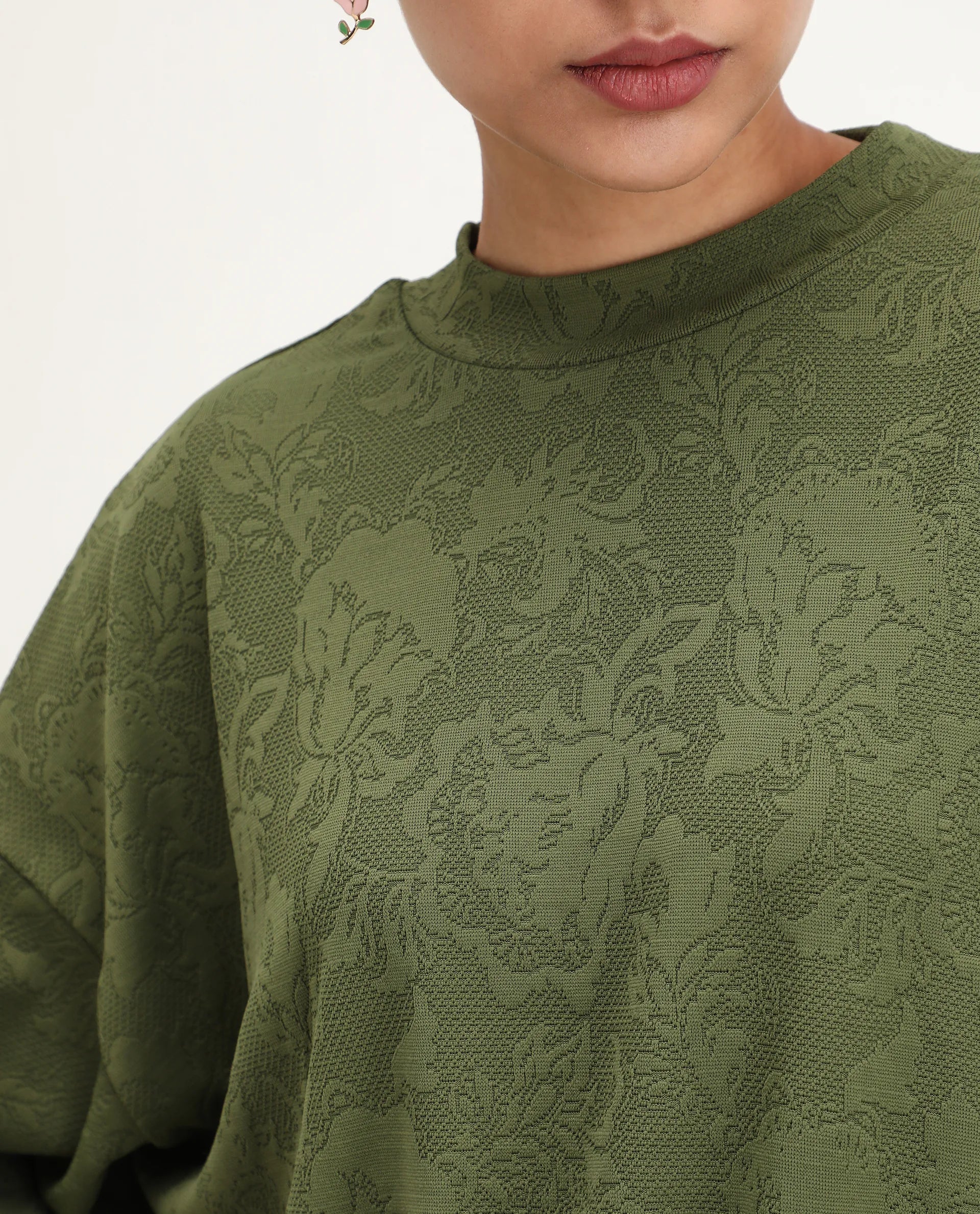 Rareism Women's Lent Olive Polyester Blend Crew Neck Oversize Fit Jacquard Sweatshirt