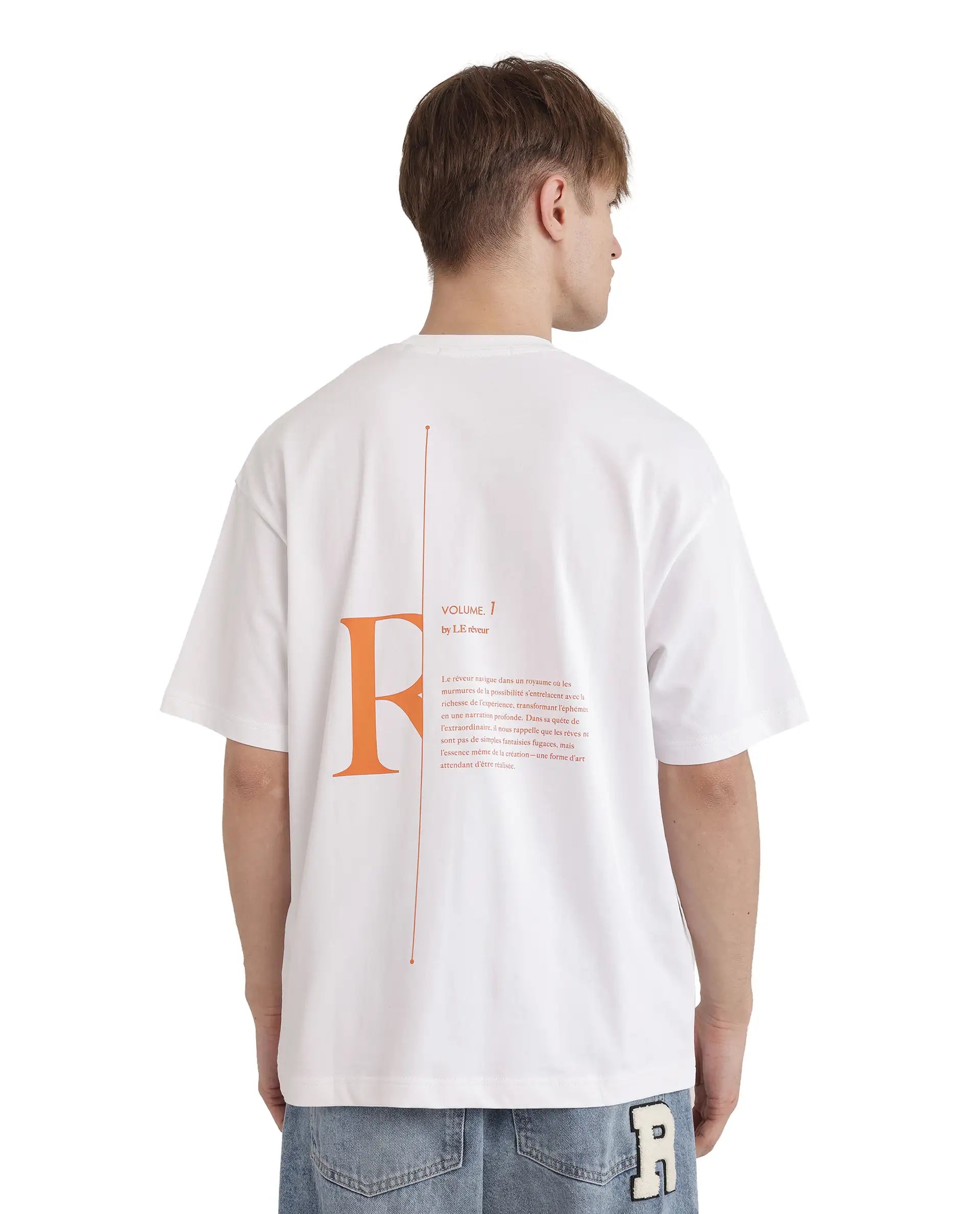 Rare Rabbit Men Len White Cotton Fabric Short Sleeve Crew Neck Slip-On Oversized Fit Typography Backprint T-Shirt