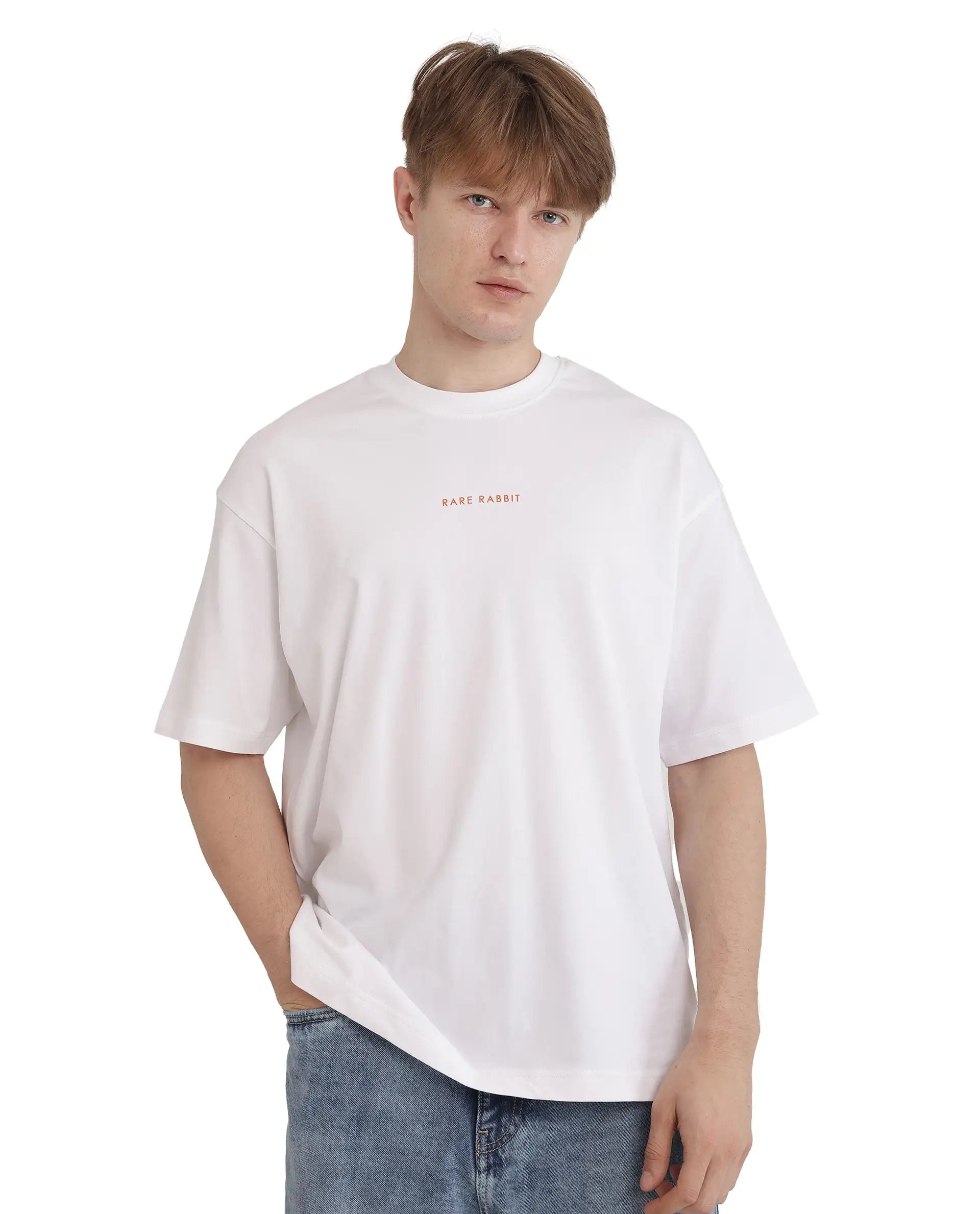 Rare Rabbit Men Len White Cotton Fabric Short Sleeve Crew Neck Slip-On Oversized Fit Typography Backprint T-Shirt