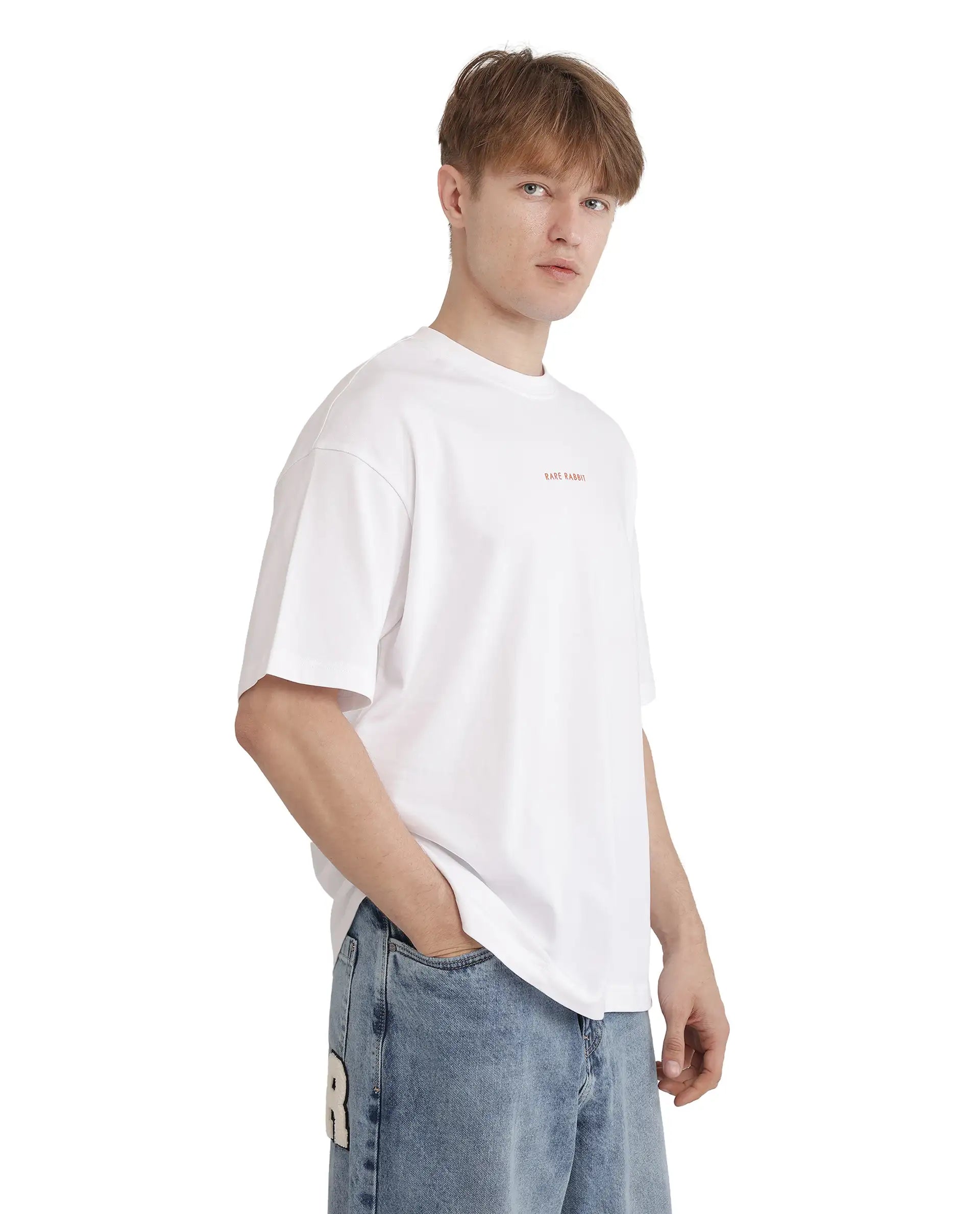 Rare Rabbit Men Len White Cotton Fabric Short Sleeve Crew Neck Slip-On Oversized Fit Typography Backprint T-Shirt