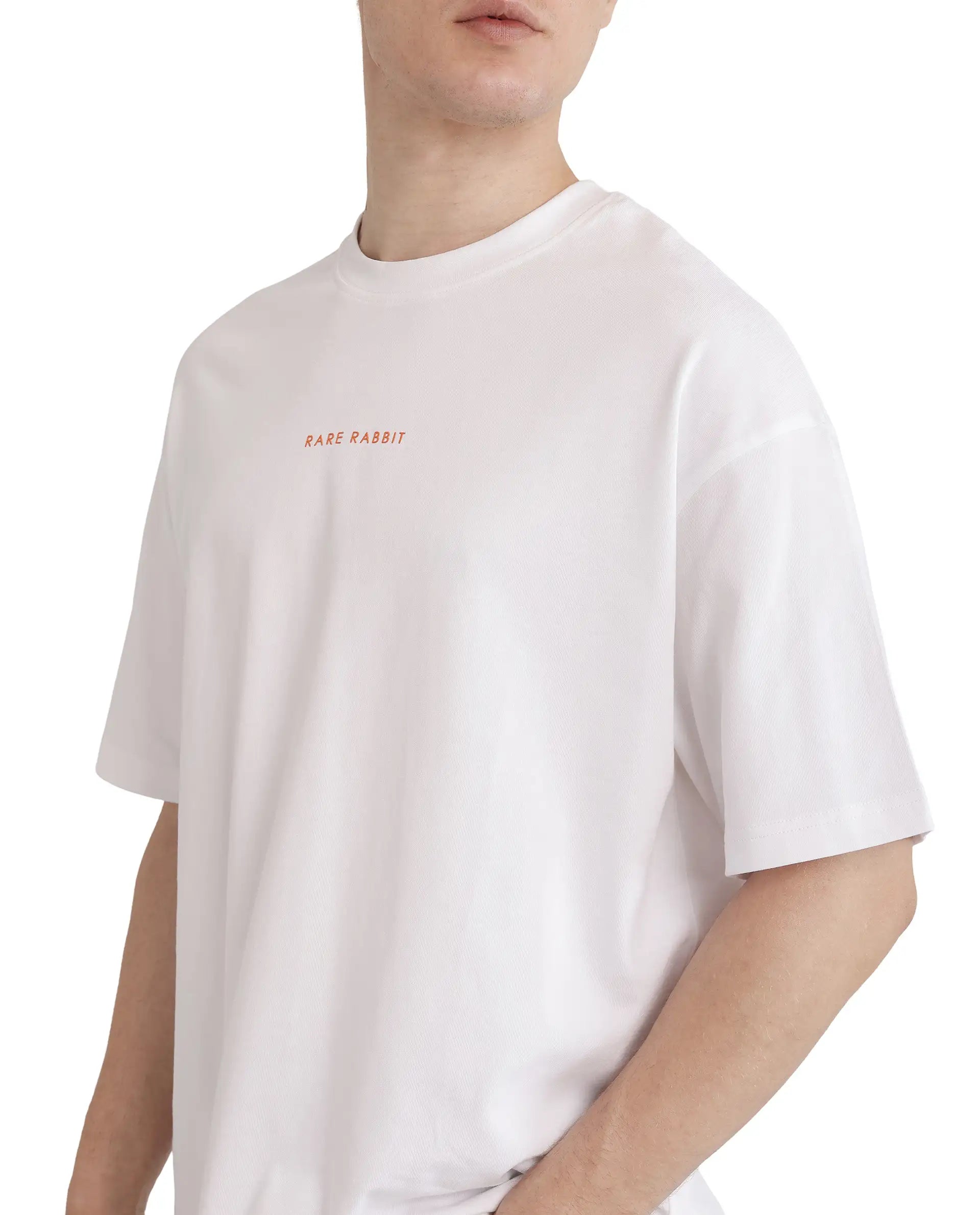 Rare Rabbit Men Len White Cotton Fabric Short Sleeve Crew Neck Slip-On Oversized Fit Typography Backprint T-Shirt