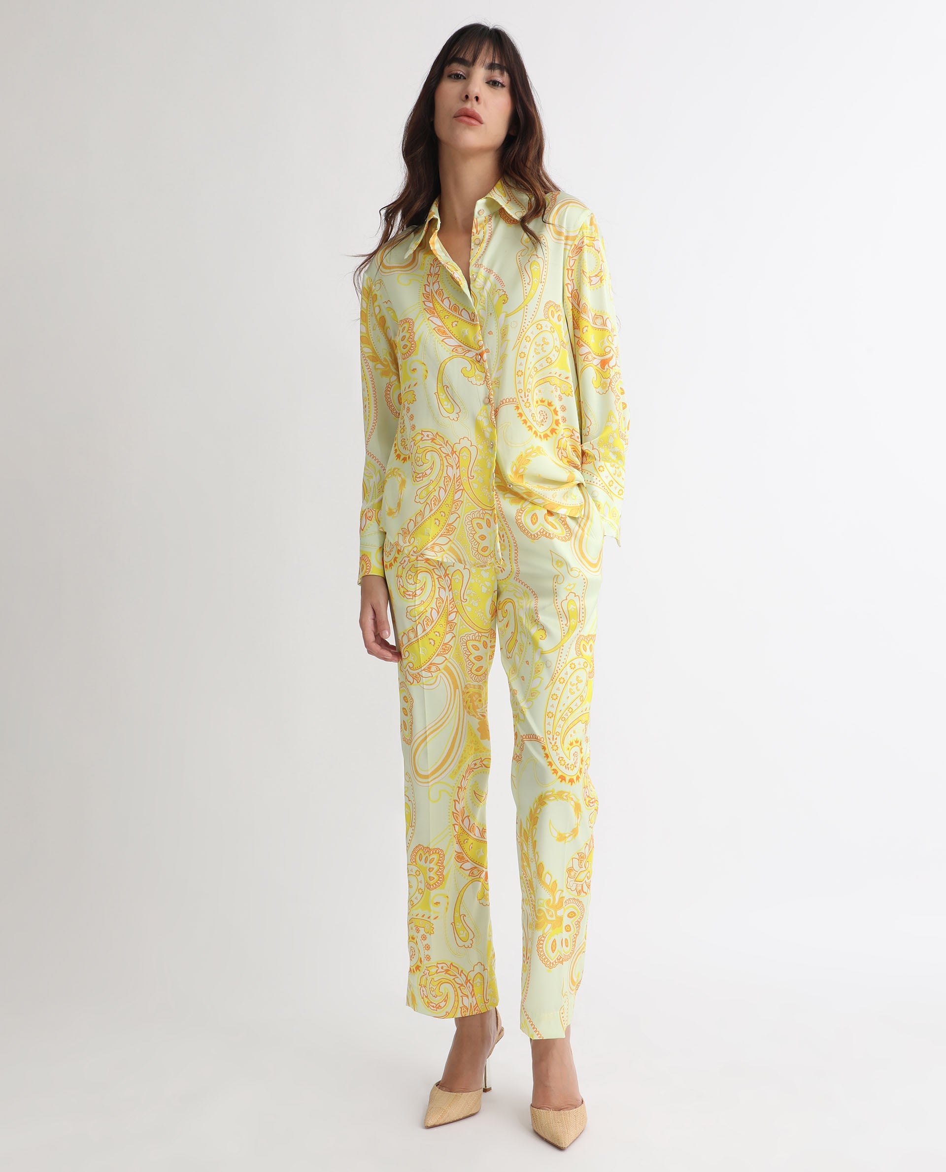 Rareism Women Lenzet Yellow Polyester Fabric Relaxed Fit Paisley Print Ankle Length Trousers