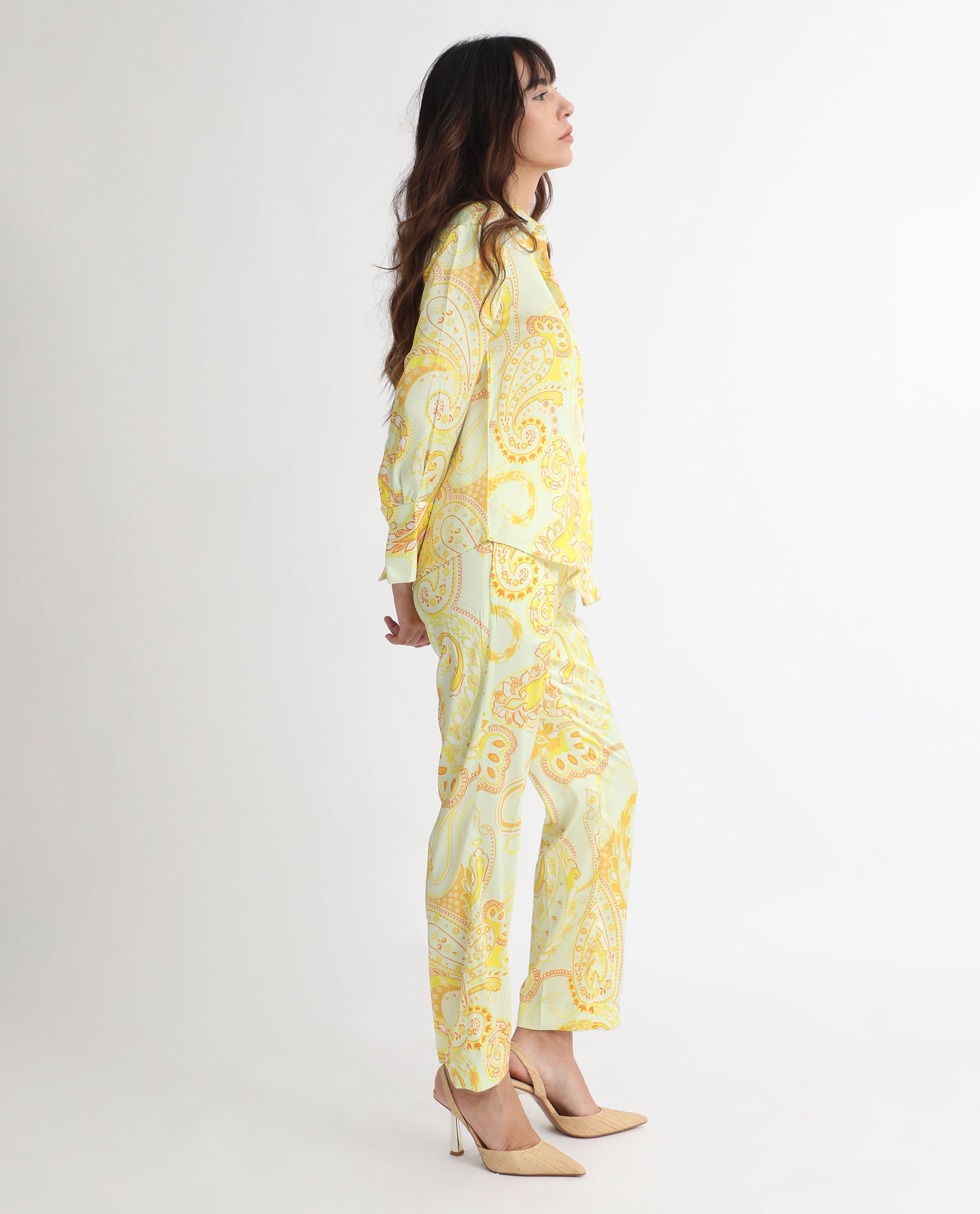 Rareism Women Lenzet Yellow Polyester Fabric Relaxed Fit Paisley Print Ankle Length Trousers