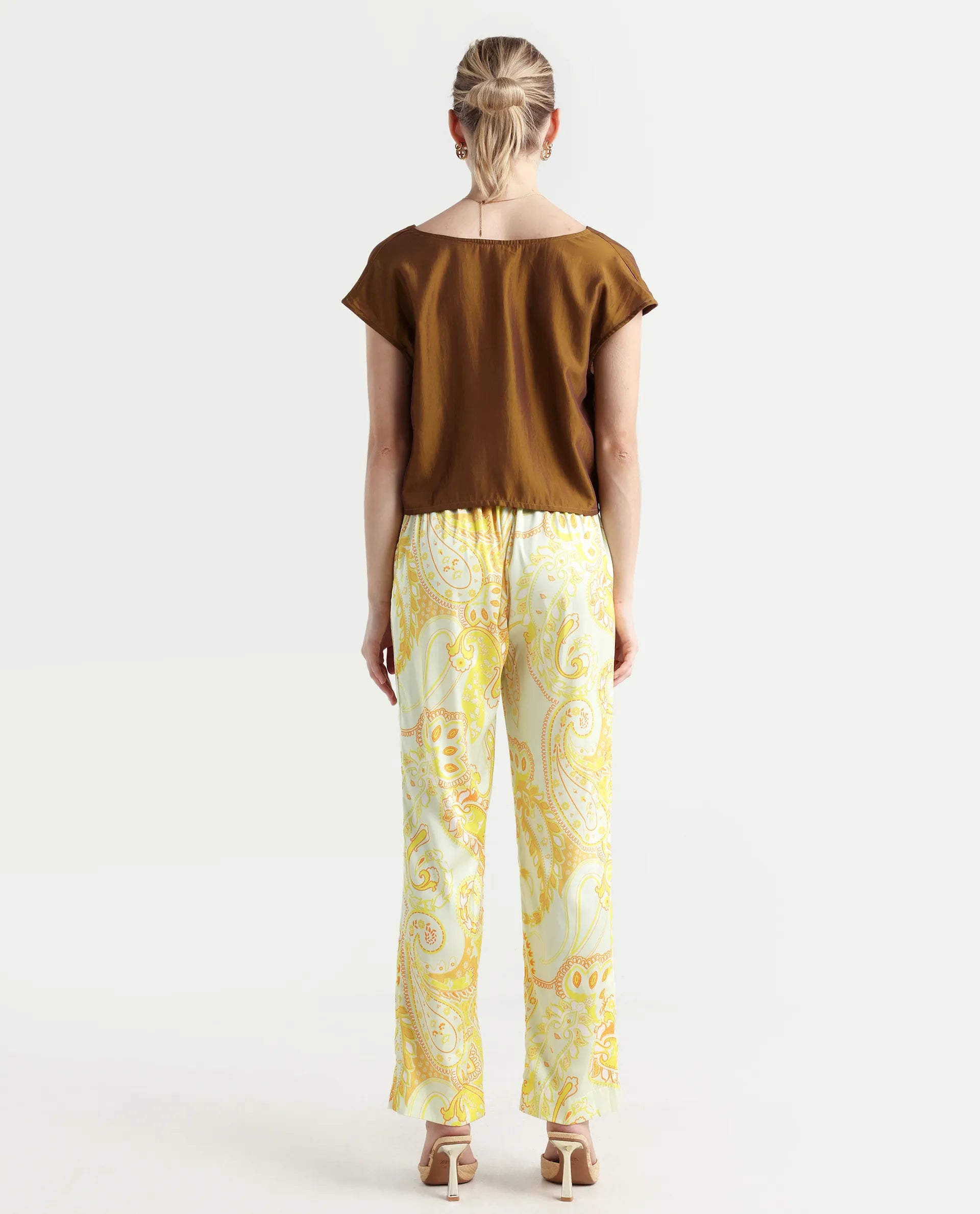 Rareism Women's Lenzet Yellow Polyester Paisley Print Ankle Length Relaxed Fit Trouser