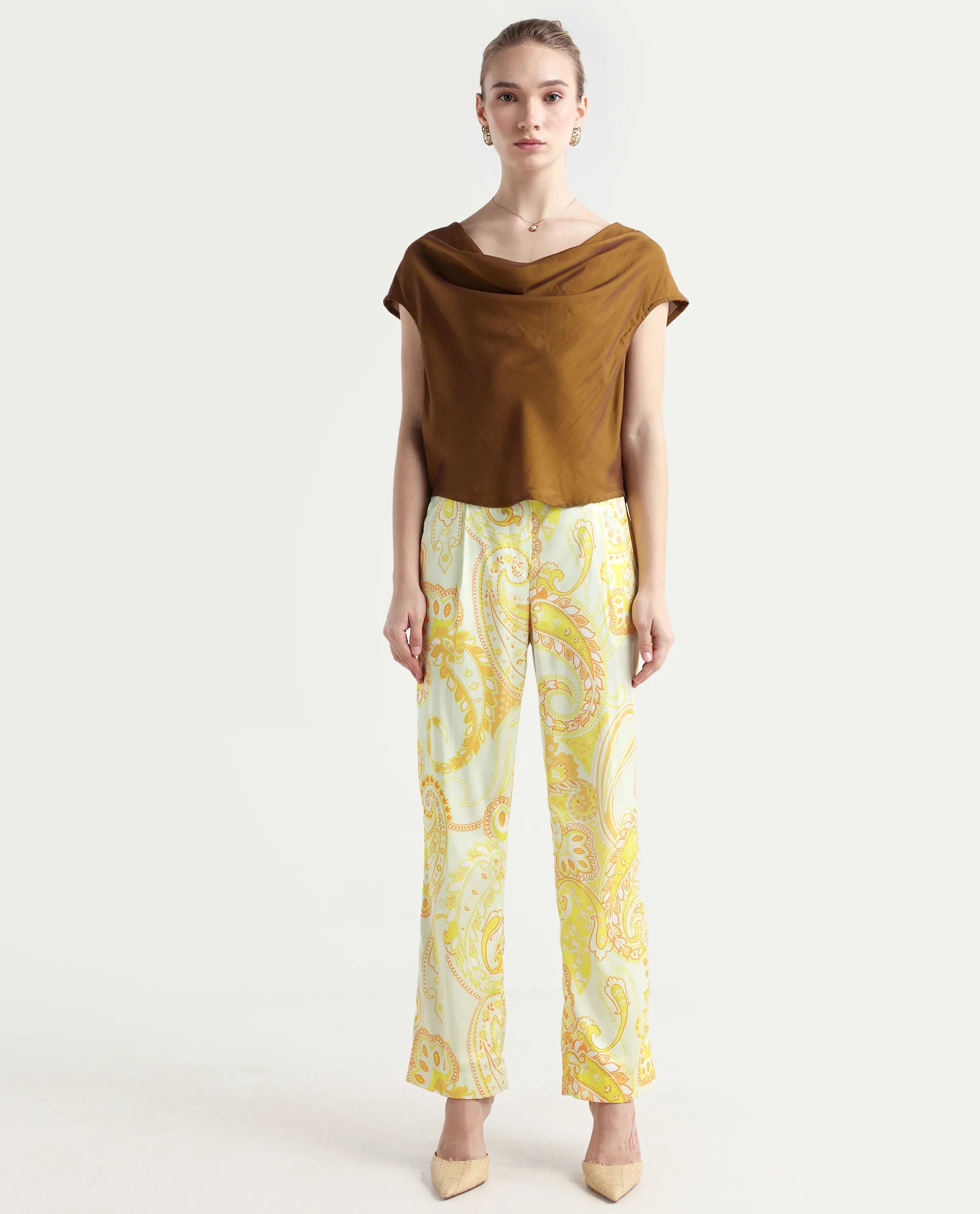 Rareism Women's Lenzet Yellow Polyester Paisley Print Ankle Length Relaxed Fit Trouser