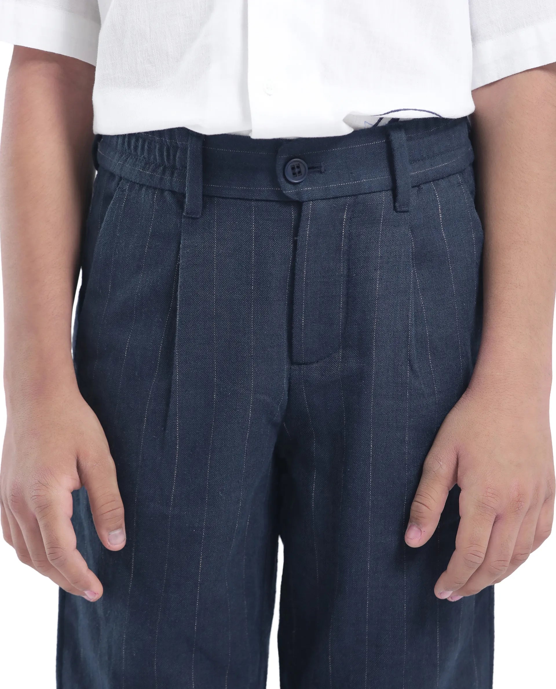 Rare Ones Kids Leo Navy Polyester Blend Striped Button & Zip Closure Regular Fit Trouser