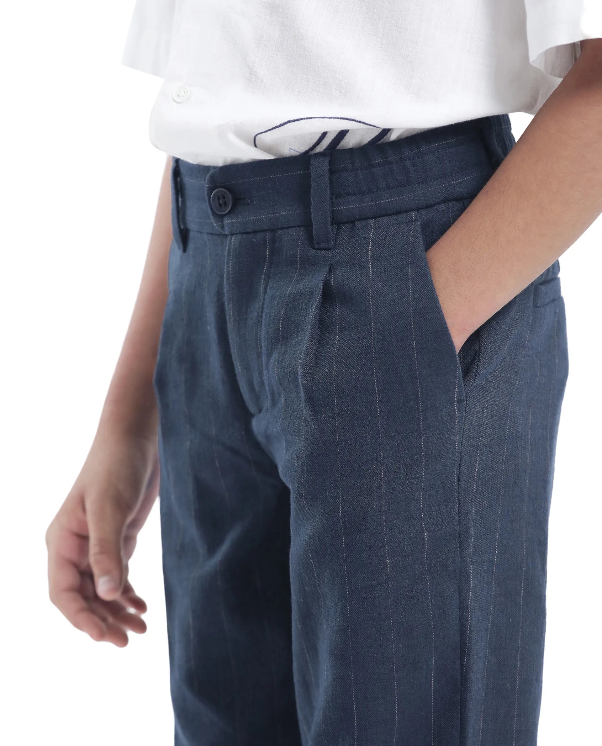 Rare Ones Kids Leo Navy Polyester Blend Striped Button & Zip Closure Regular Fit Trouser
