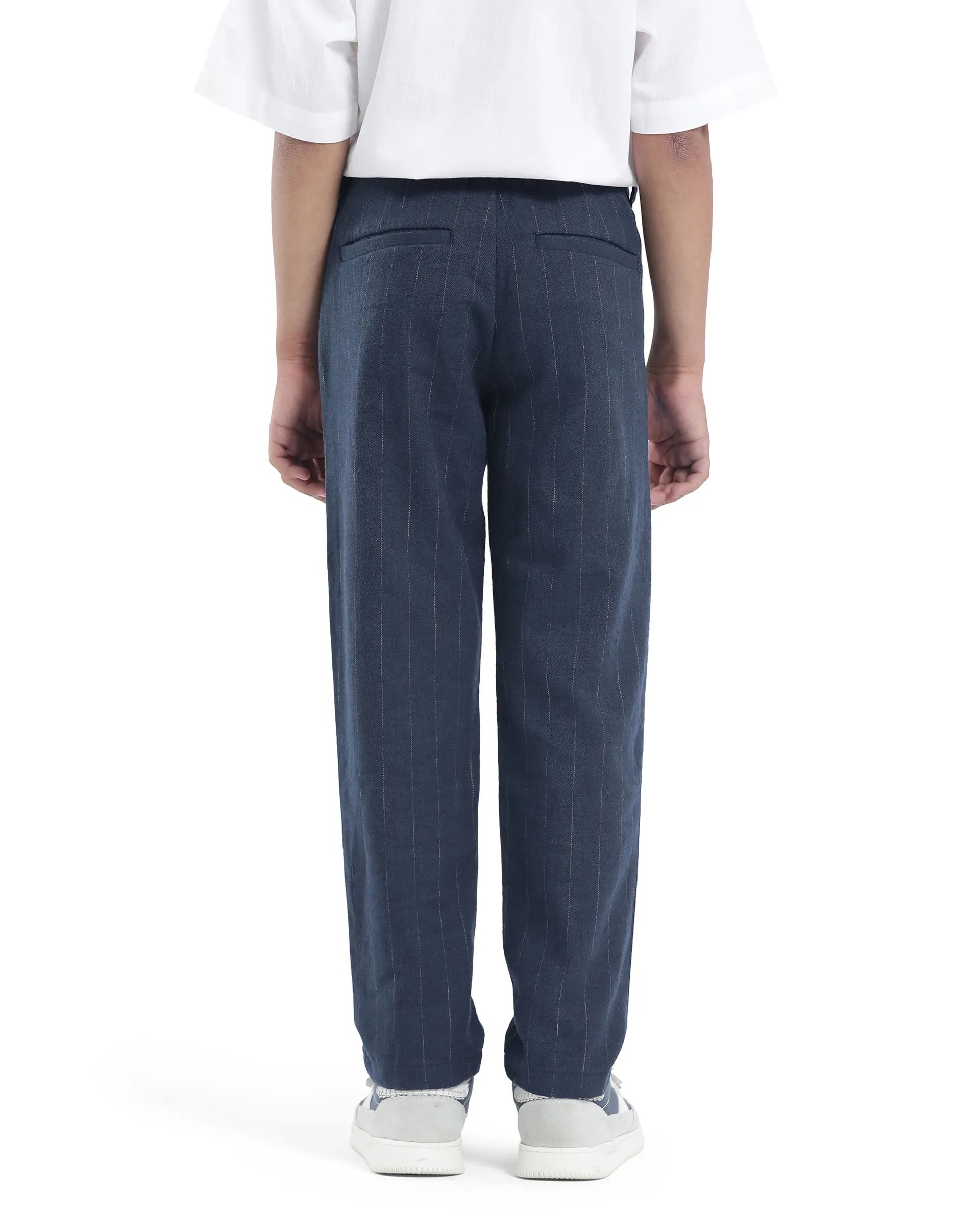 Rare Ones Kids Leo Navy Polyester Blend Striped Button & Zip Closure Regular Fit Trouser