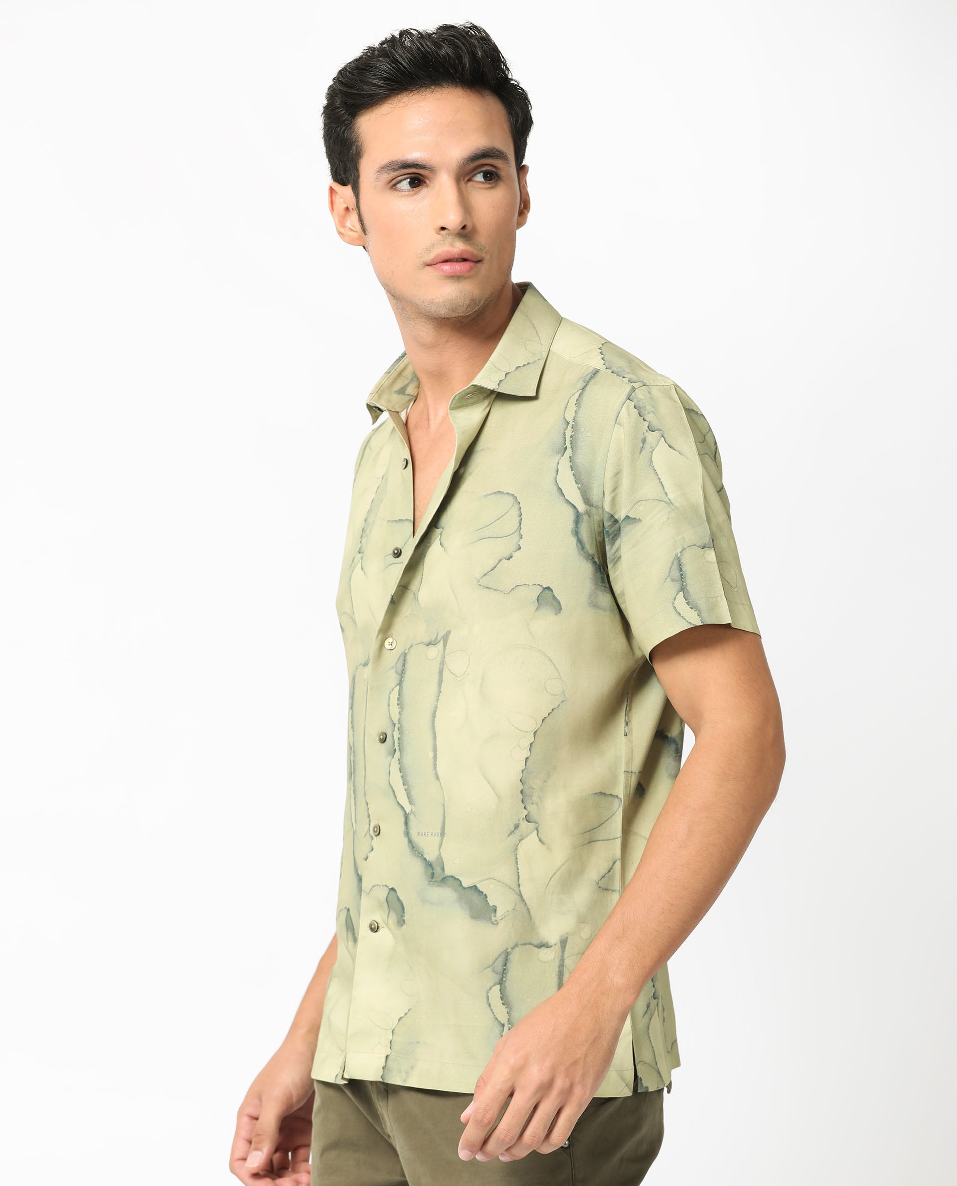 Rare Rabbit Men's Leons Ss Green Viscose Fabric Abstract Print Half Sleeves