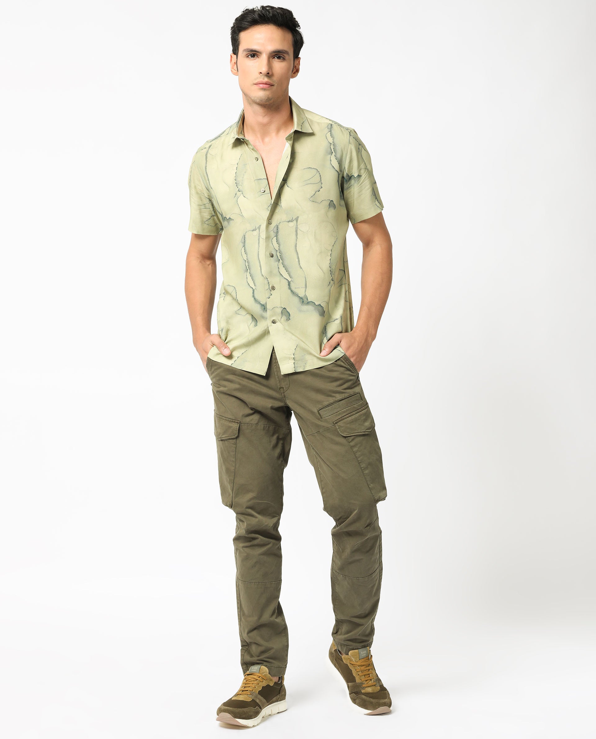 Rare Rabbit Men's Leons Ss Green Viscose Fabric Abstract Print Half Sleeves