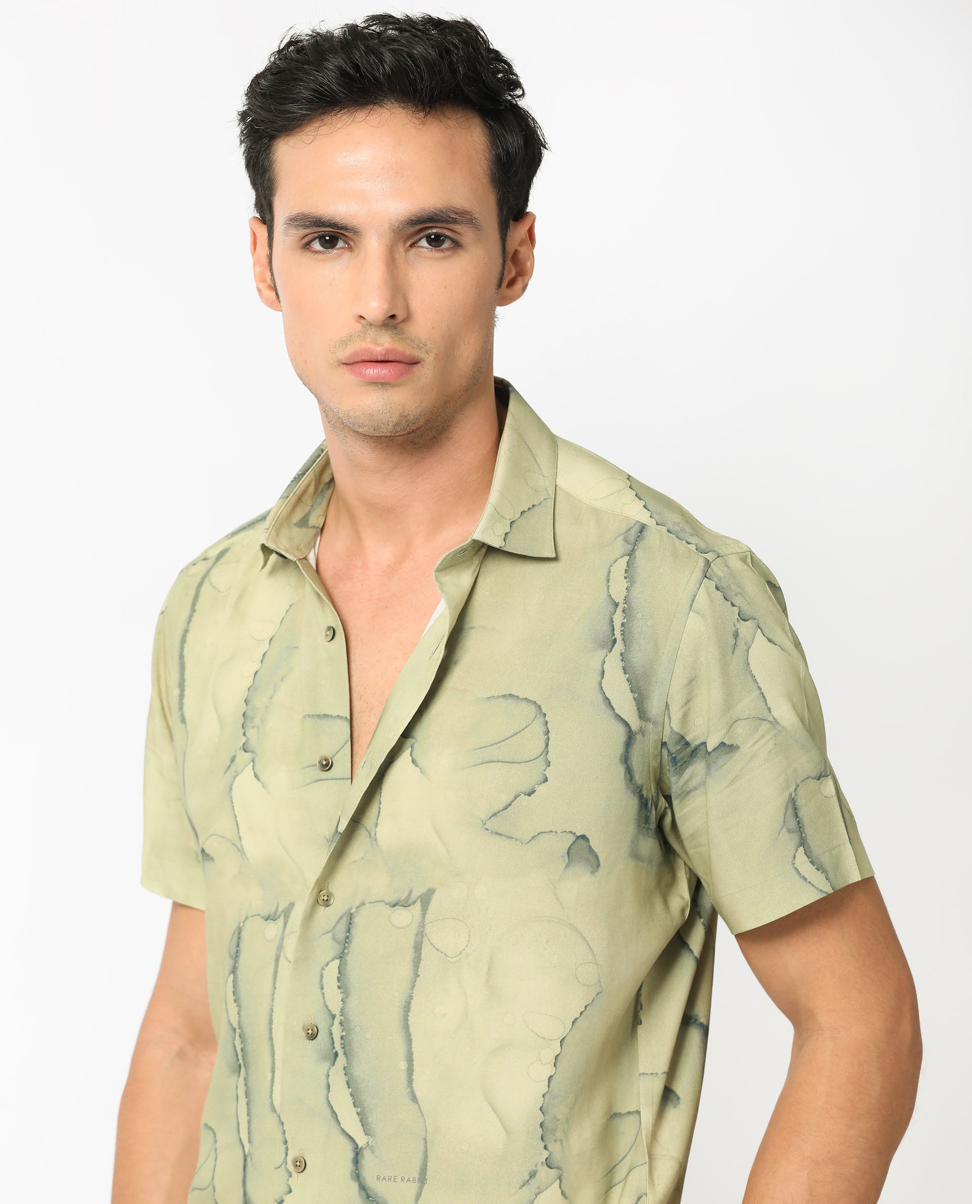 Rare Rabbit Men's Leons Ss Green Viscose Fabric Abstract Print Half Sleeves