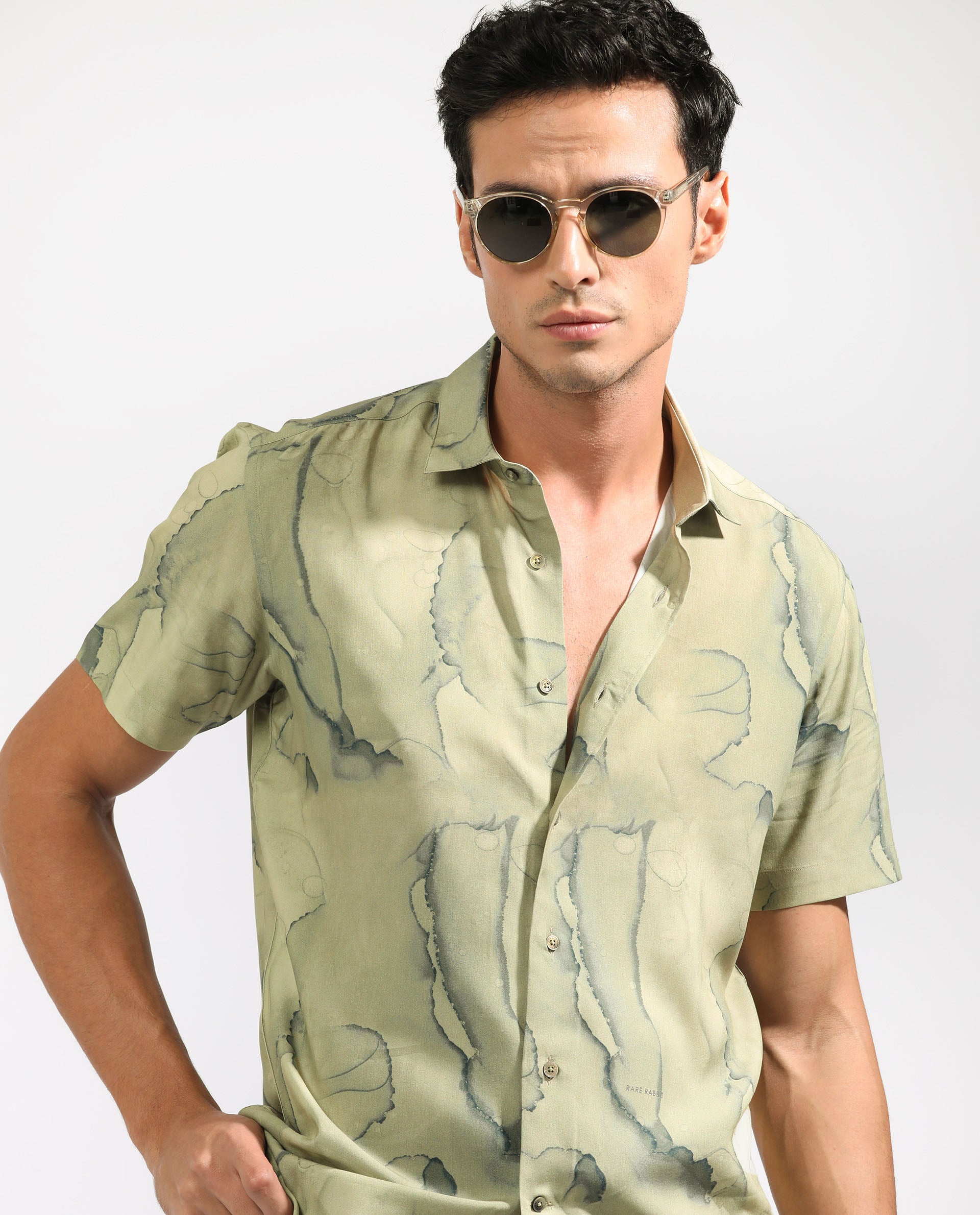 Rare Rabbit Men's Leons Ss Green Viscose Fabric Abstract Print Half Sleeves