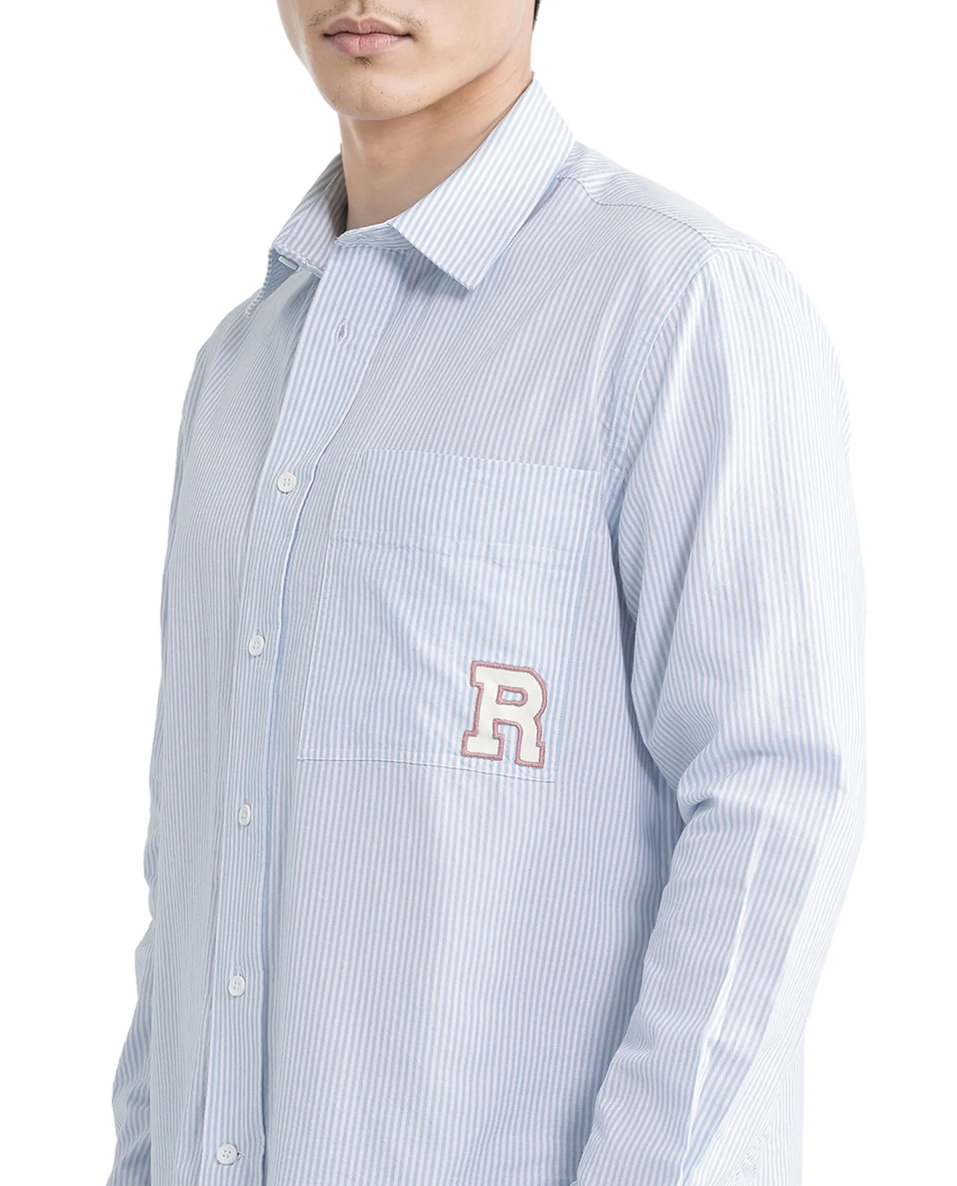 Rare Rabbit Men's Leor Blue Cotton Fabric Embroidered Logo Full Sleeve Button Closure Pinstripe Shirt