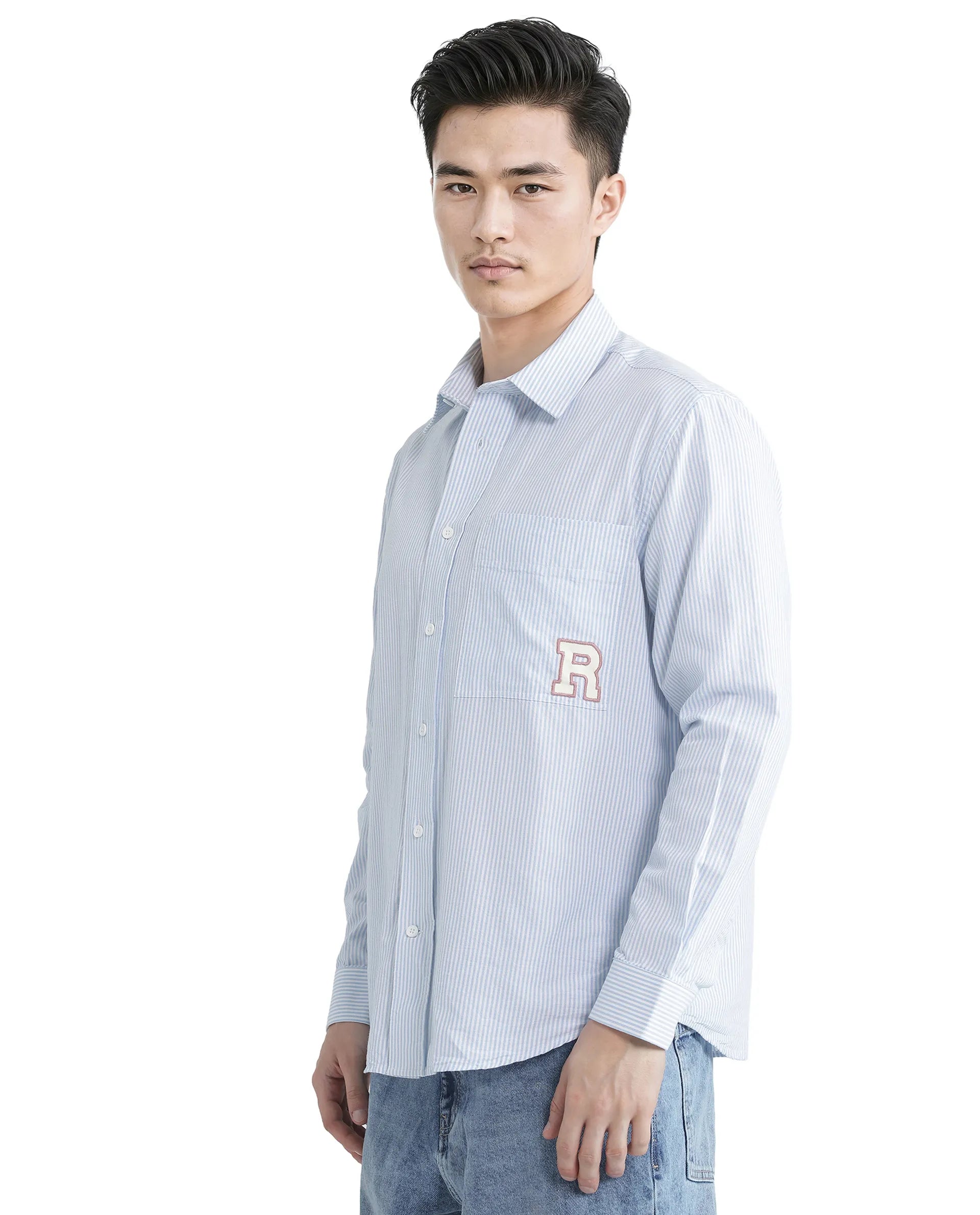 Rare Rabbit Men's Leor Blue Cotton Fabric Embroidered Logo Full Sleeve Button Closure Pinstripe Shirt