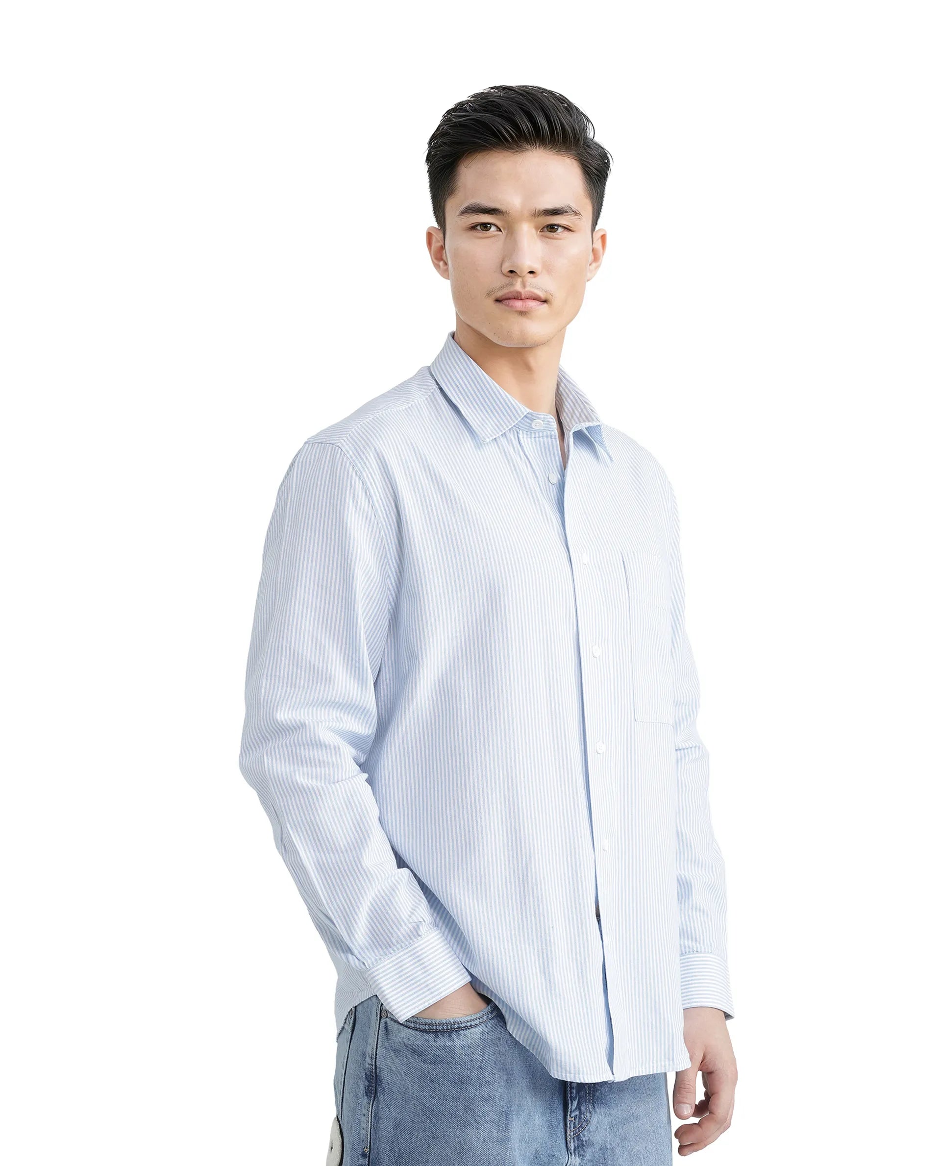 Rare Rabbit Men's Leor Blue Cotton Fabric Embroidered Logo Full Sleeve Button Closure Pinstripe Shirt