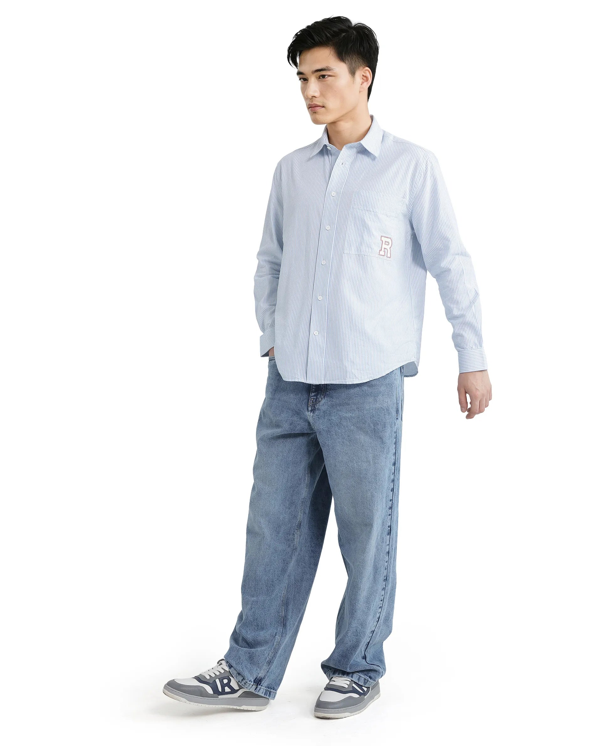 Rare Rabbit Men's Leor Blue Cotton Fabric Embroidered Logo Full Sleeve Button Closure Pinstripe Shirt