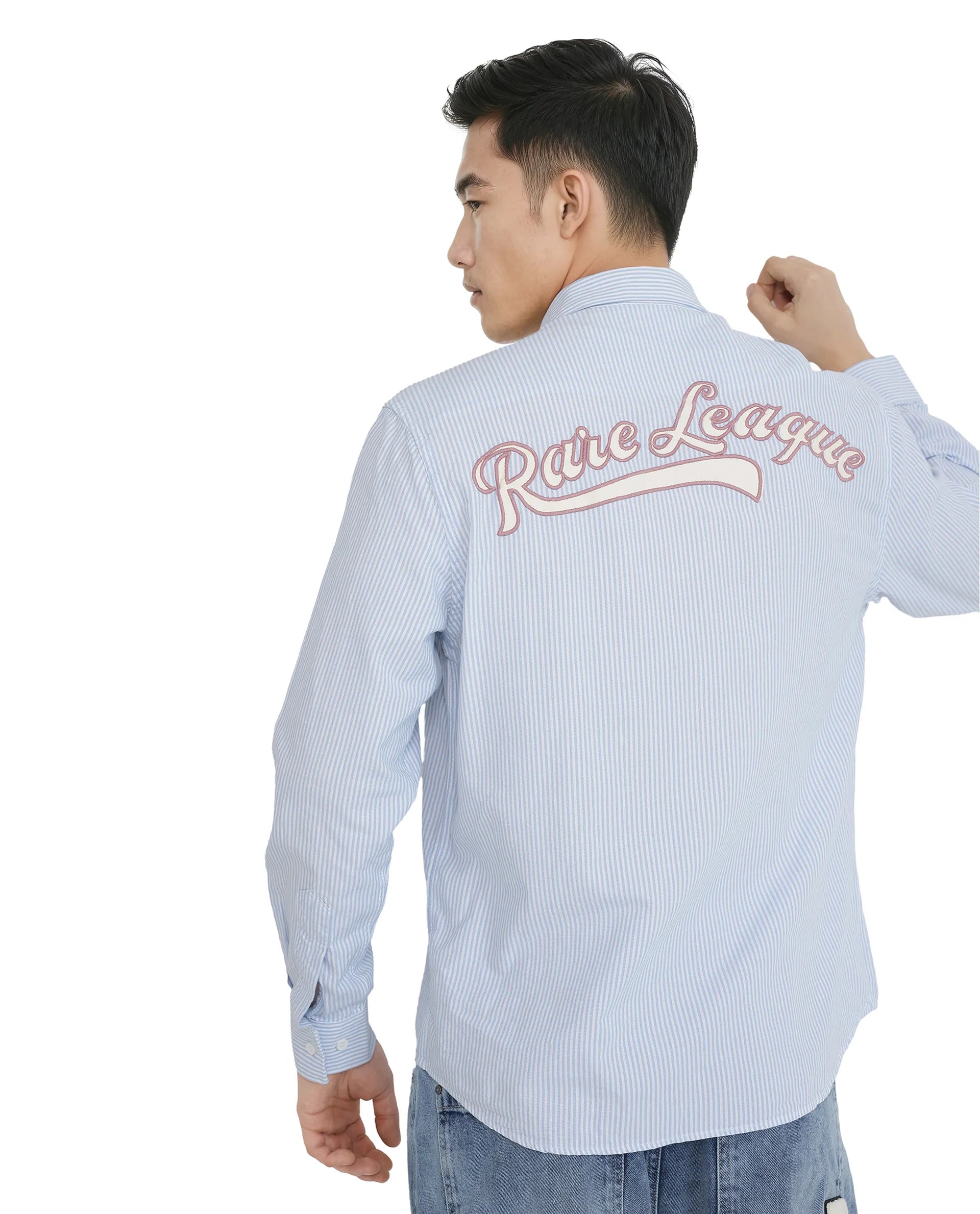 Rare Rabbit Men's Leor Blue Cotton Fabric Embroidered Logo Full Sleeve Button Closure Pinstripe Shirt
