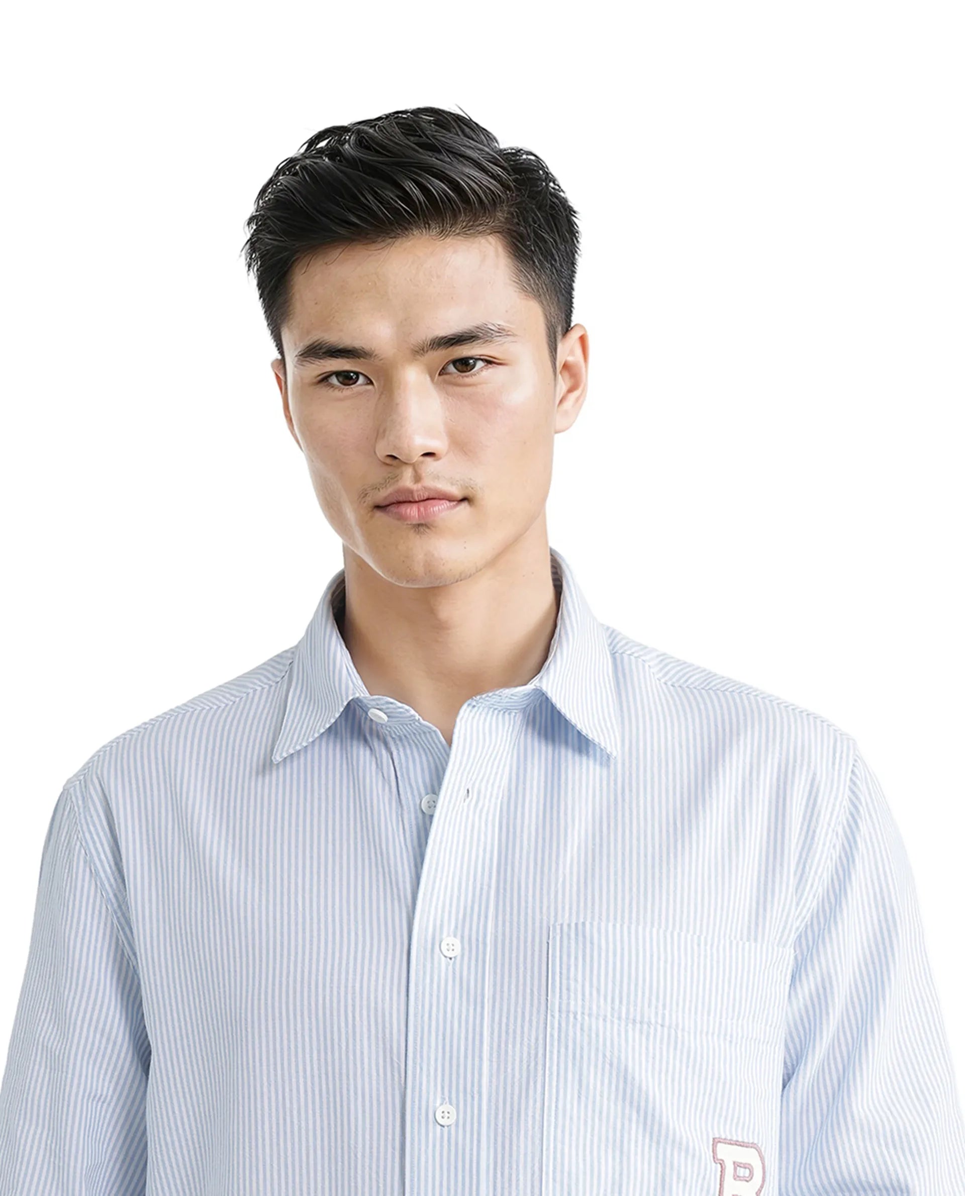 Rare Rabbit Men's Leor Blue Cotton Fabric Embroidered Logo Full Sleeve Button Closure Pinstripe Shirt