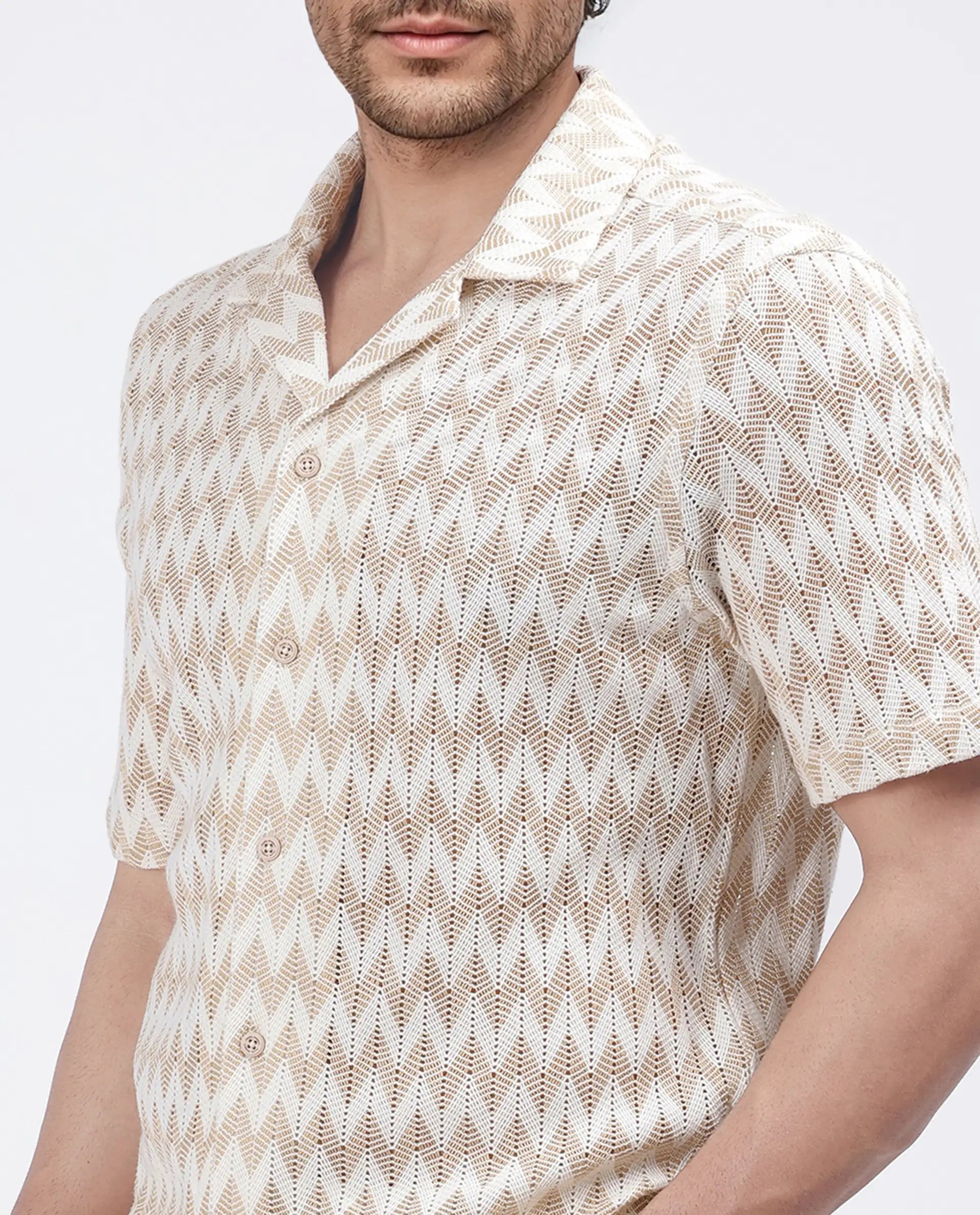 Rare Rabbit Men's Leos Beige Cotton Fabric Short Sleeve Cuban Collar Boxy Fit Crochet Shirt