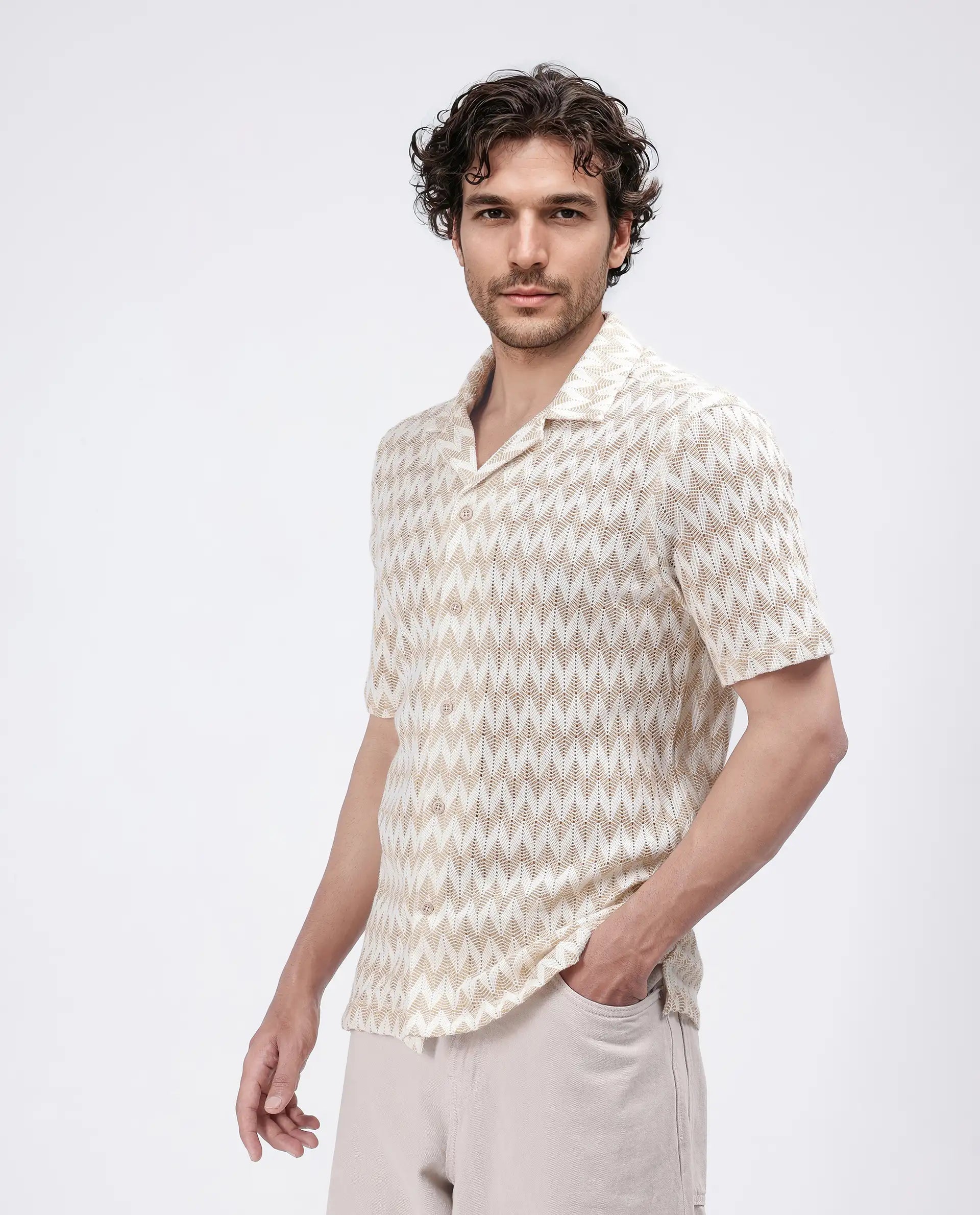 Rare Rabbit Men's Leos Beige Cotton Fabric Short Sleeve Cuban Collar Boxy Fit Crochet Shirt