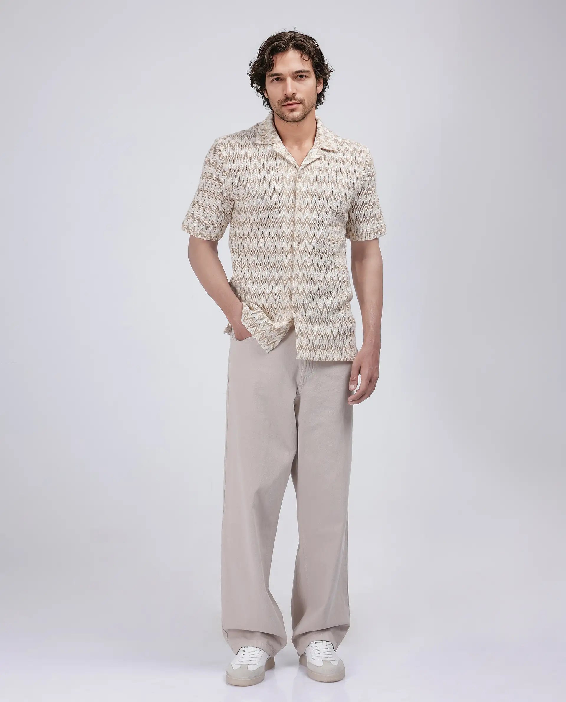 Rare Rabbit Men's Leos Beige Cotton Fabric Short Sleeve Cuban Collar Boxy Fit Crochet Shirt