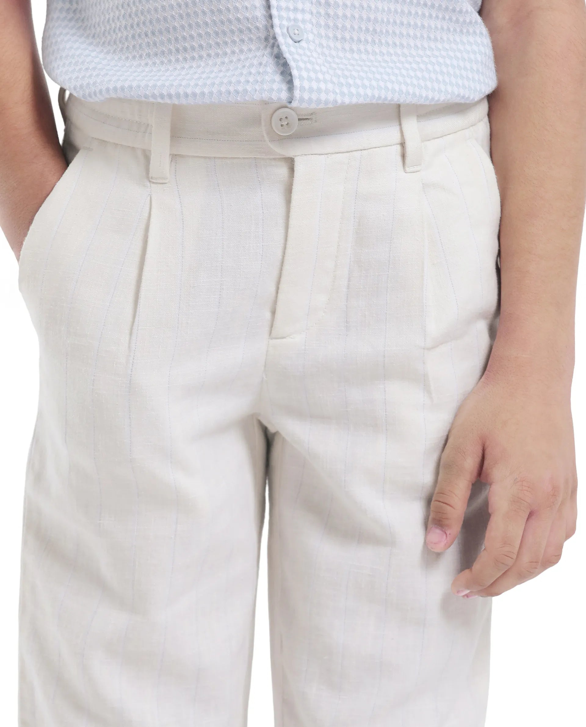 Rare Ones Kids Leo White Polyester Blend Polyester Blend Striped Button & Zip Closure Regular Fit Trouser