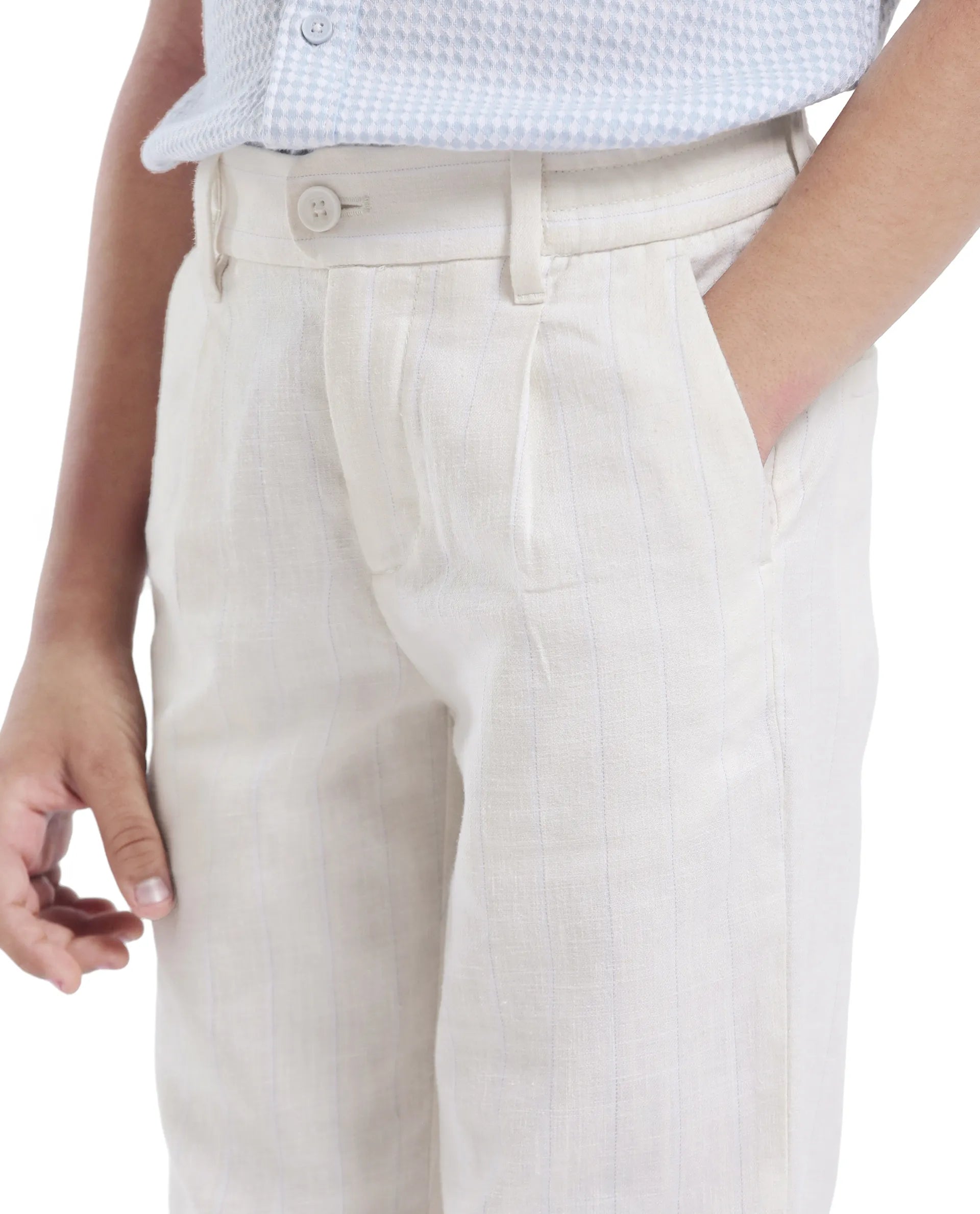 Rare Ones Kids Leo White Polyester Blend Polyester Blend Striped Button & Zip Closure Regular Fit Trouser