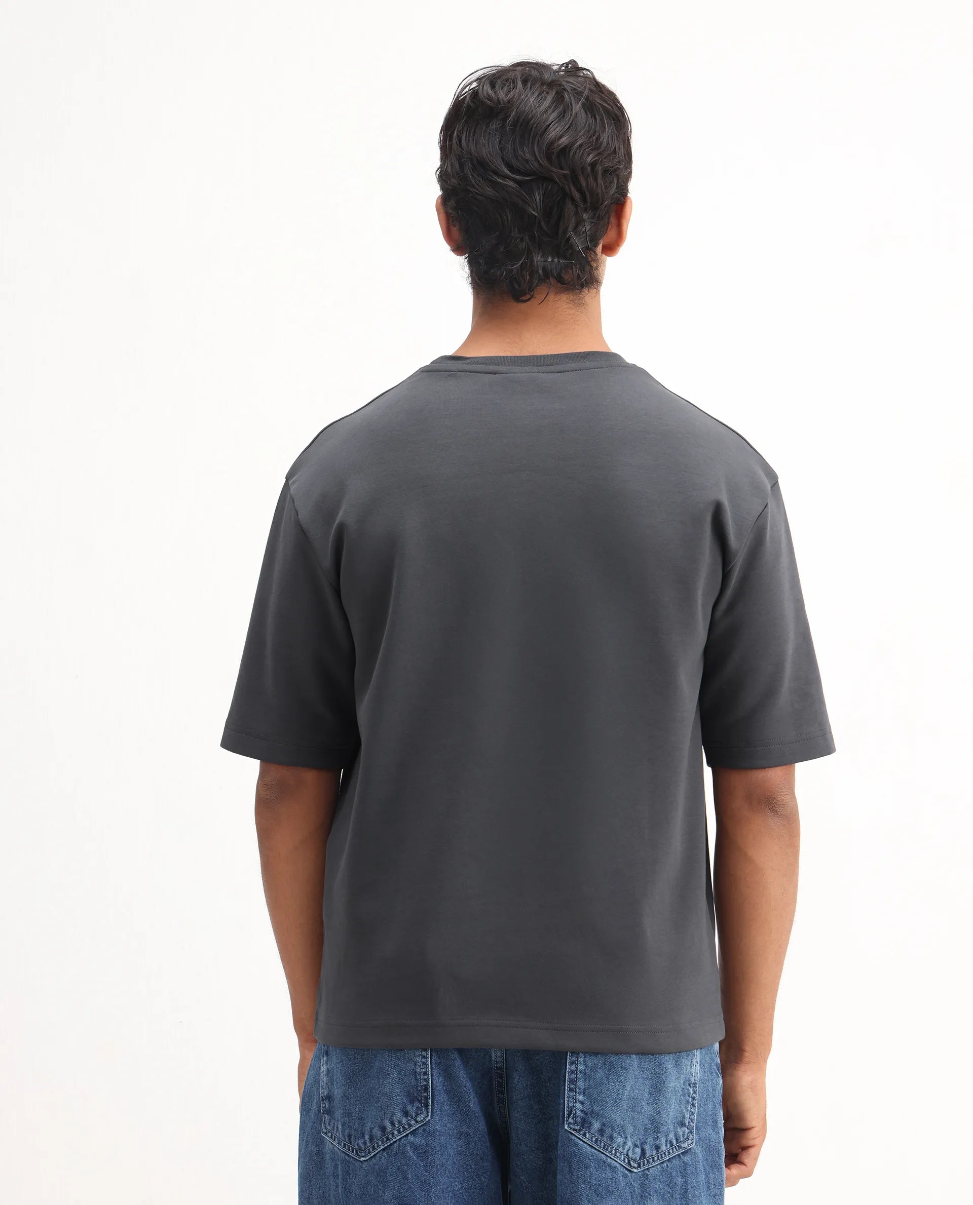 Rare Rabbit Men's Lerc Dark Grey Cotton Blend Graphic Print Oversized Fit Half Sleeve Crew Neck T-Shirt