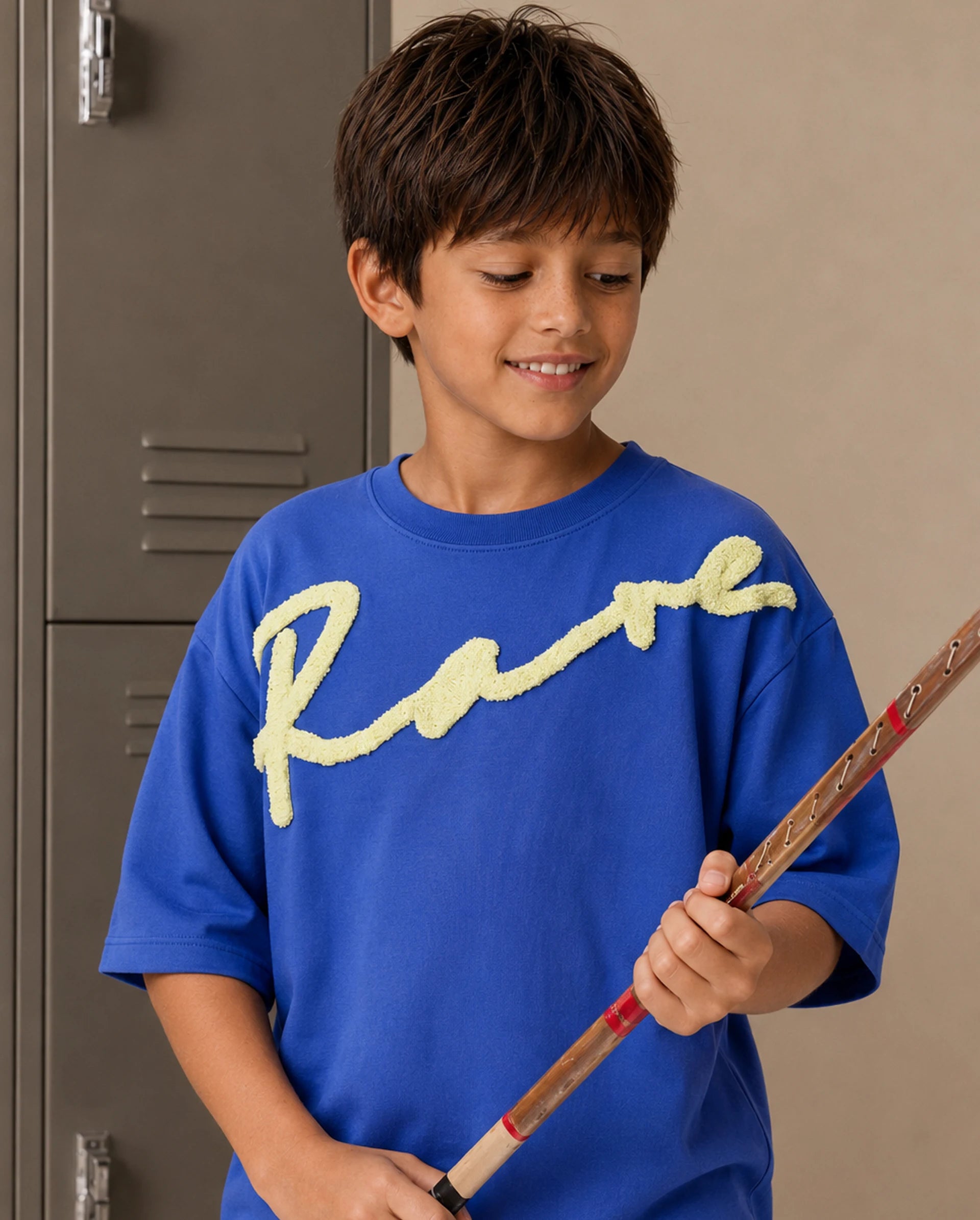 Rare Ones Kids Lero Blue Cotton Blend Fabric Pull-On Closure Oversized Fit T-Shirt