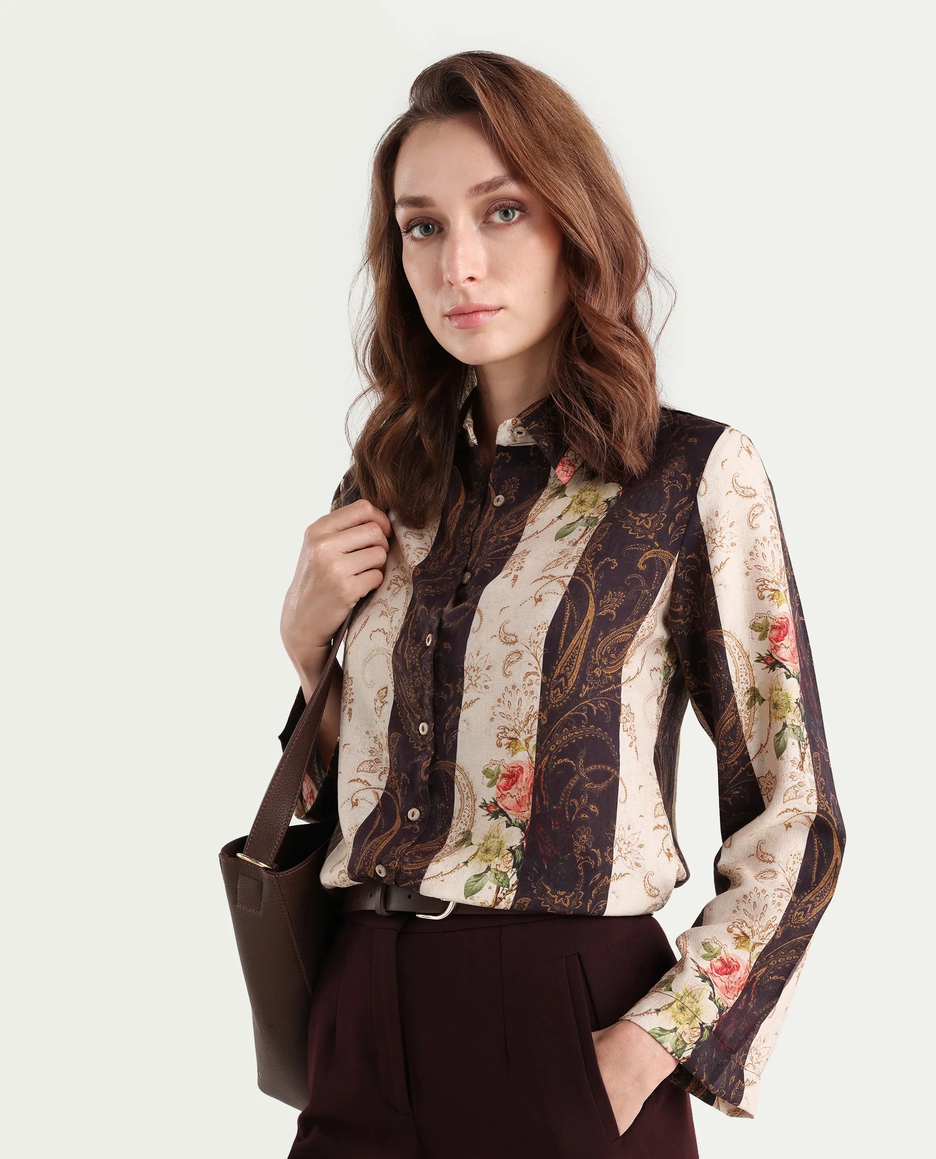 Rareism Women's Lesent Multi Viscose Blend Drop Collar Paisley Print Cuffed Sleeve Regular Fit Top