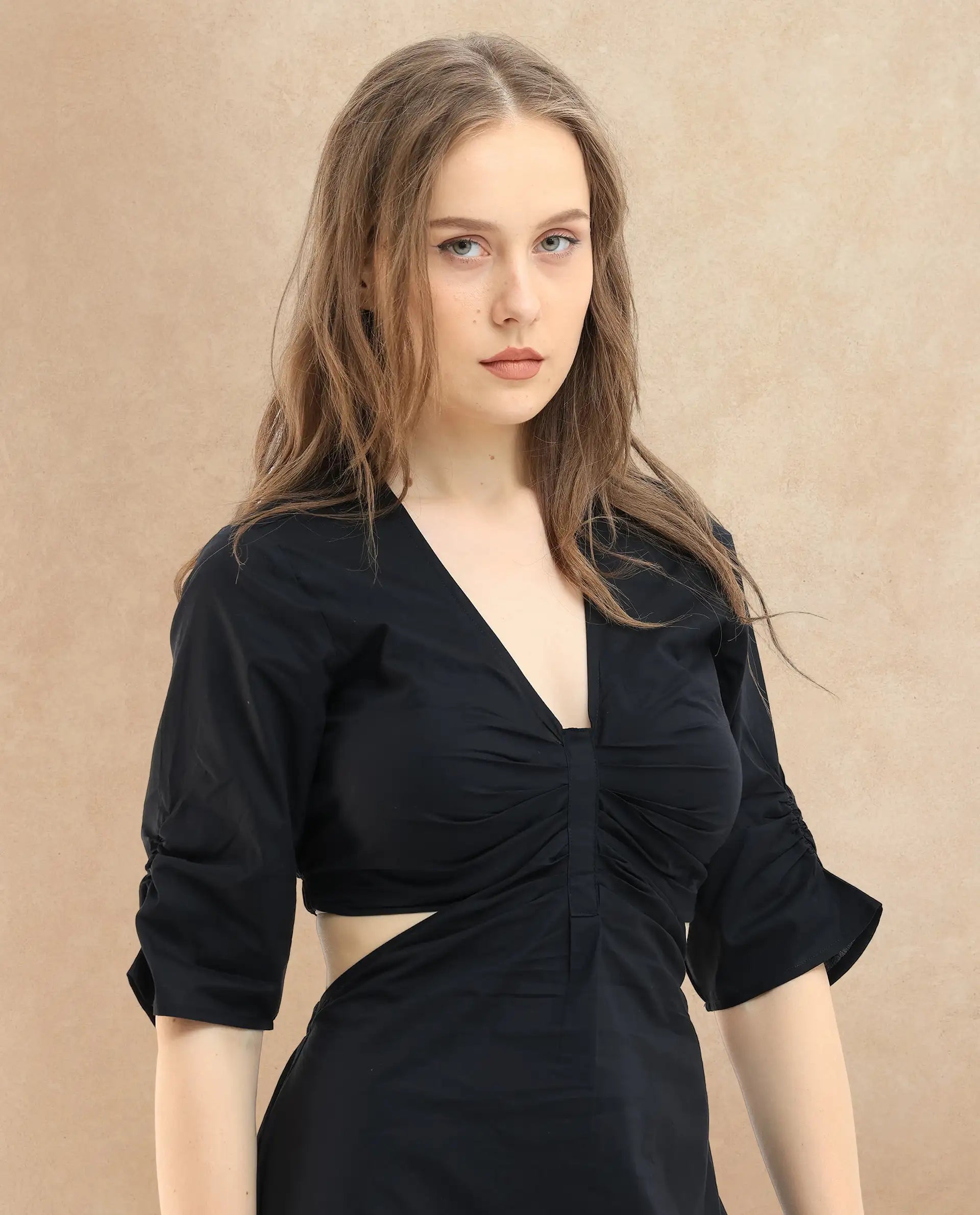 Rareism Women Lesman Black Cotton Fabric Short Sleeves V-Neck Puff Sleeve Fit And Flare Plain Maxi Dress