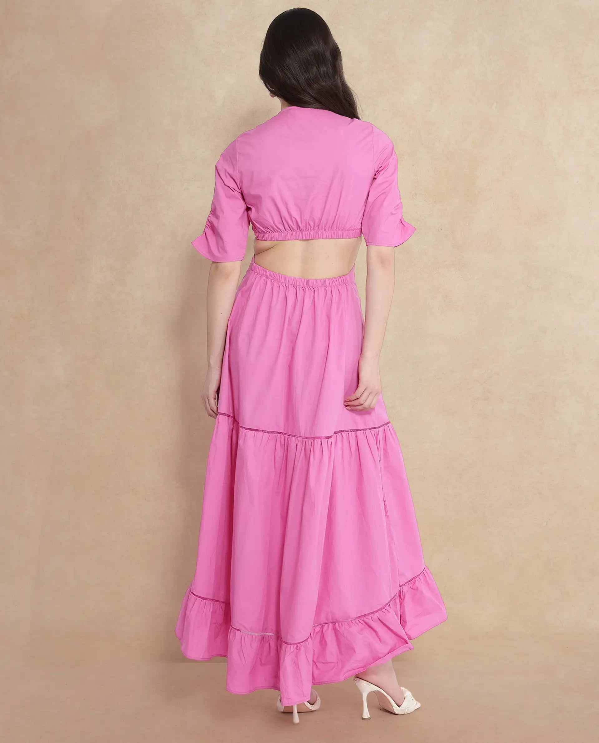 Rareism Women's Lesman Pink Cotton V-Neck Plain Puff Sleeves Maxi Fit And Flare Dress