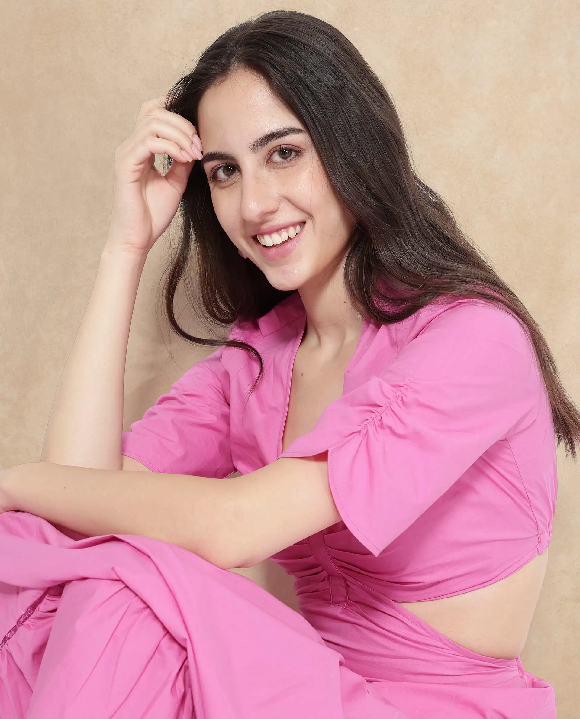 Rareism Women's Lesman Pink Cotton V-Neck Plain Puff Sleeves Maxi Fit And Flare Dress