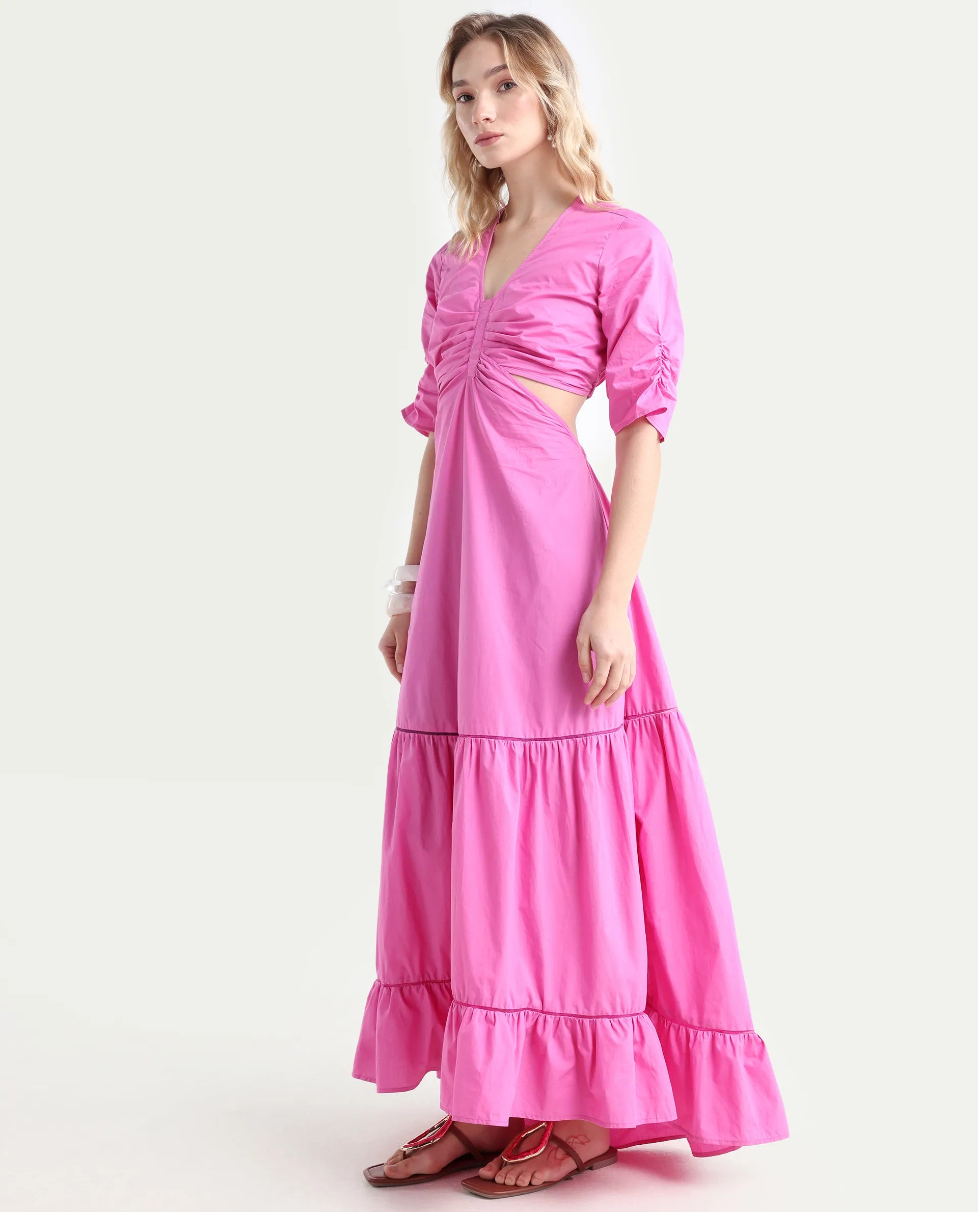 Rareism Women's Lesman Pink Cotton V-Neck Plain Puff Sleeves Maxi Fit And Flare Dress