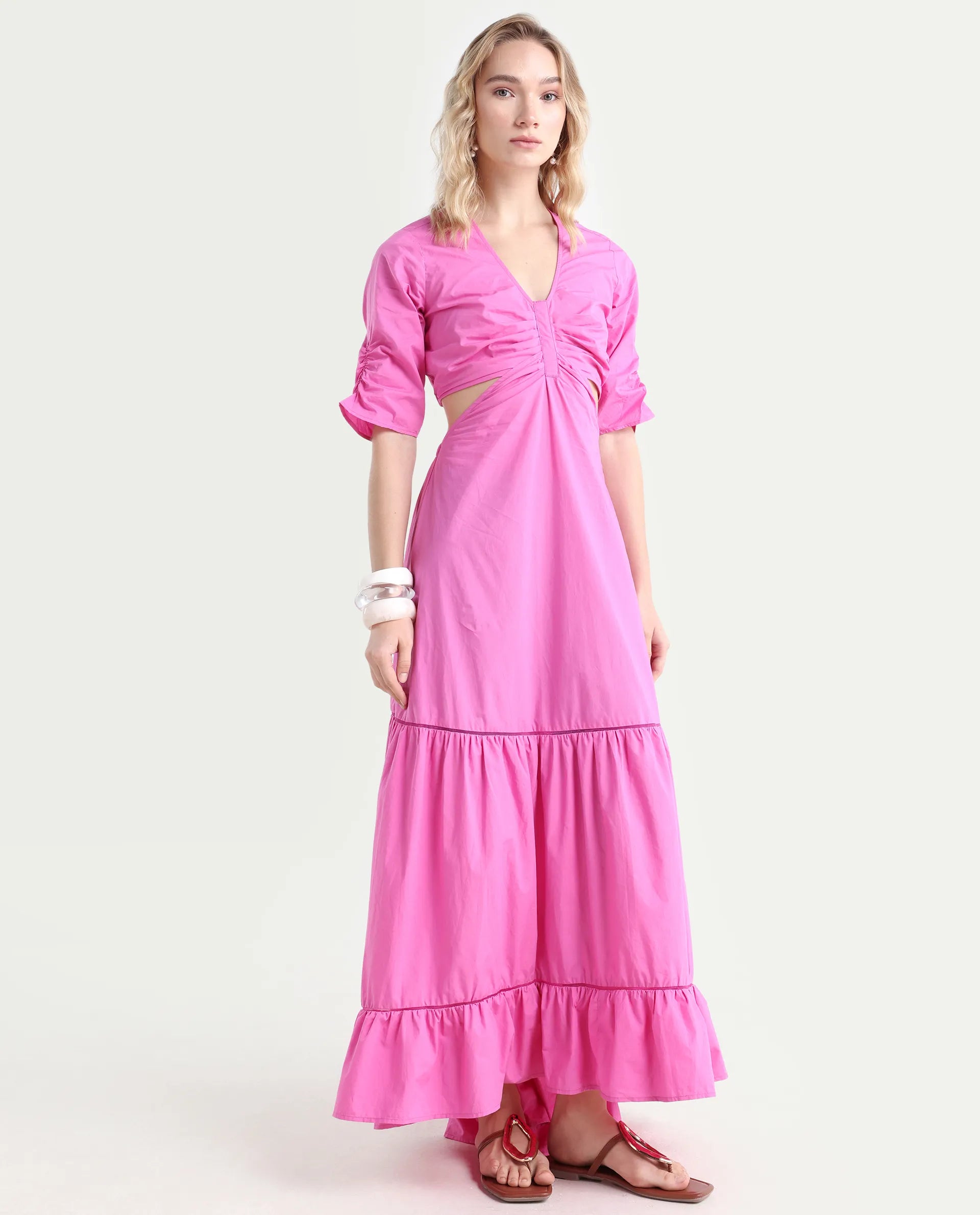 Rareism Women's Lesman Pink Cotton V-Neck Plain Puff Sleeves Maxi Fit And Flare Dress