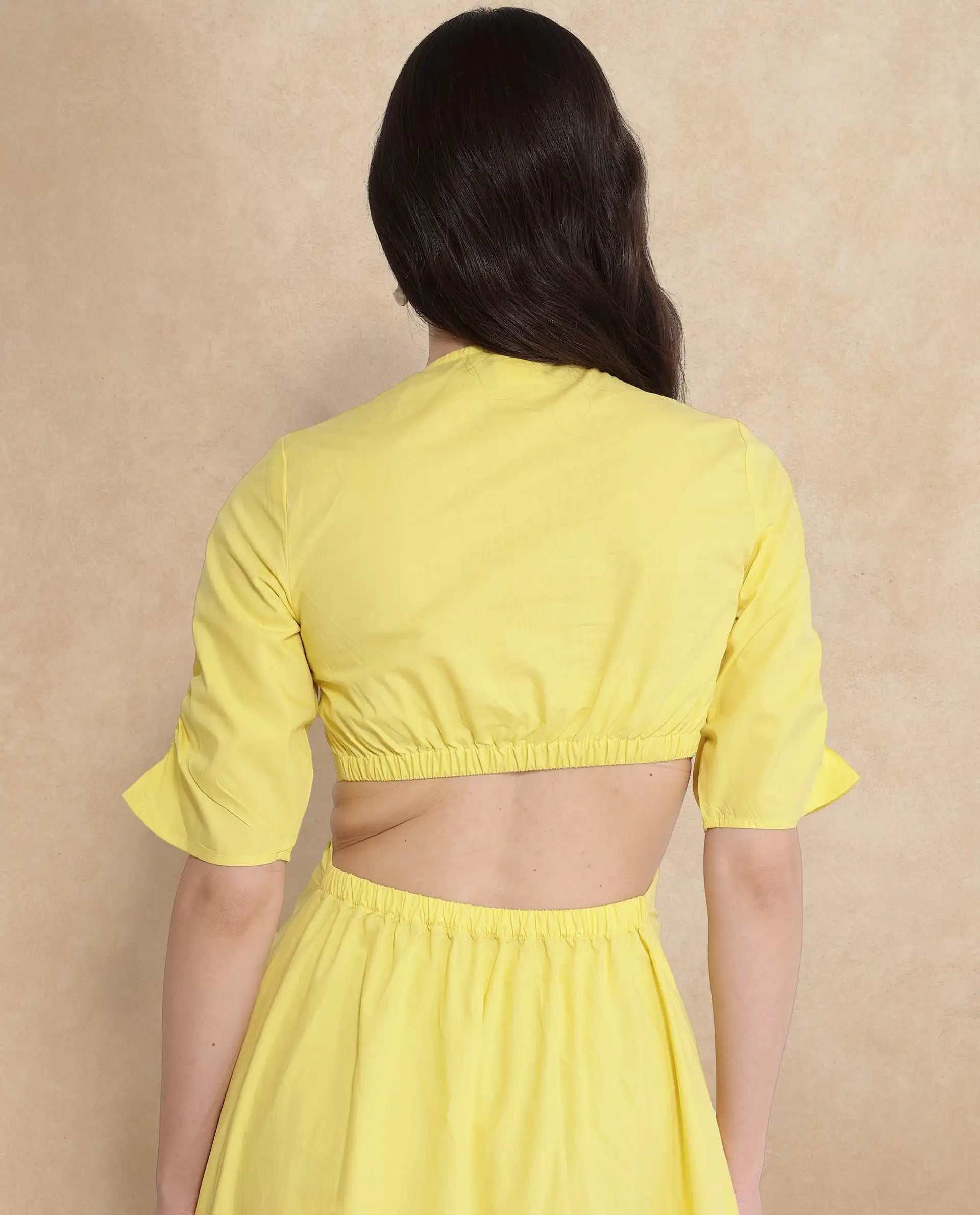 Rareism Women Lesman Yellow Puff Sleeves V-Neck Fit And Flare Maxi Plain Dress