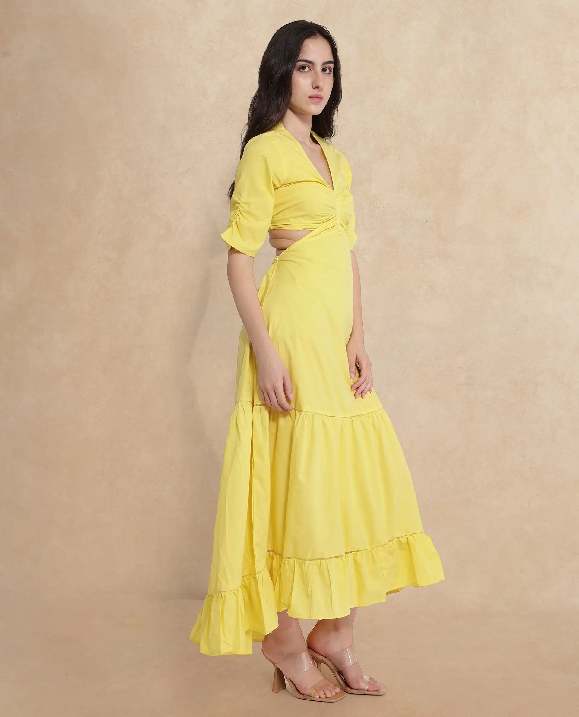 Rareism Women Lesman Yellow Puff Sleeves V-Neck Fit And Flare Maxi Plain Dress