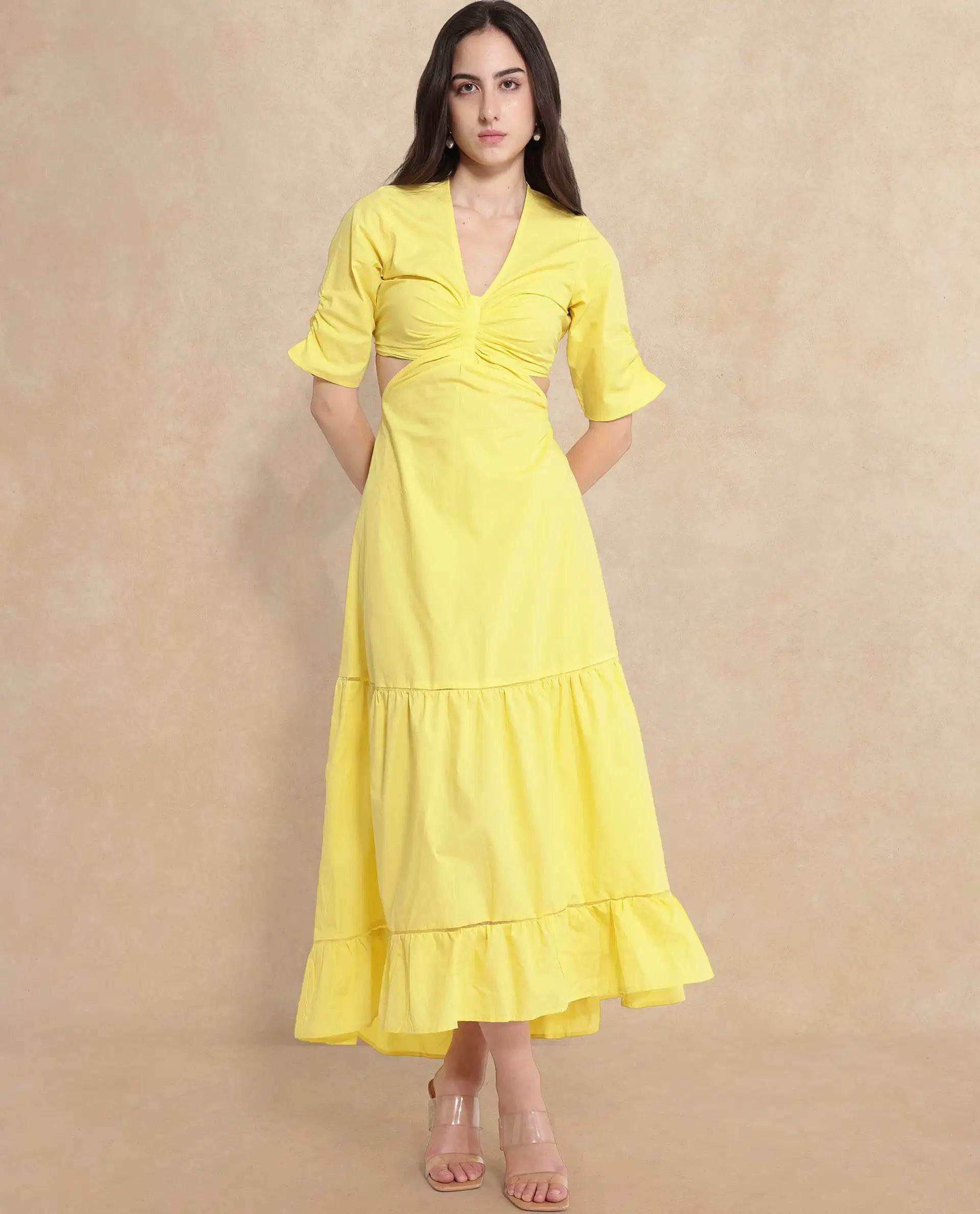 Rareism Women Lesman Yellow Puff Sleeves V-Neck Fit And Flare Maxi Plain Dress