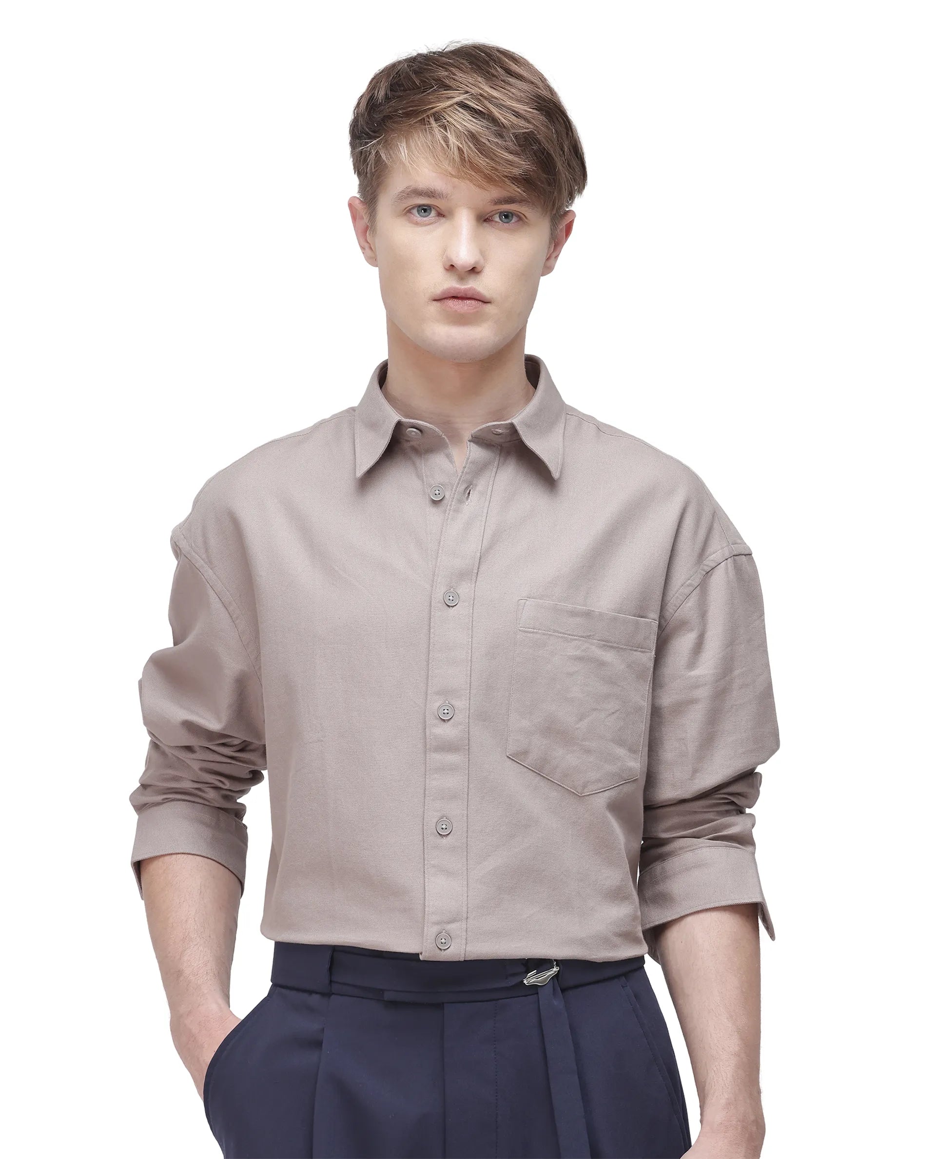 Rare Rabbit Men's Let Dark Beige Cotton Plain Boxy Fit Full Sleeve Collared Shirt