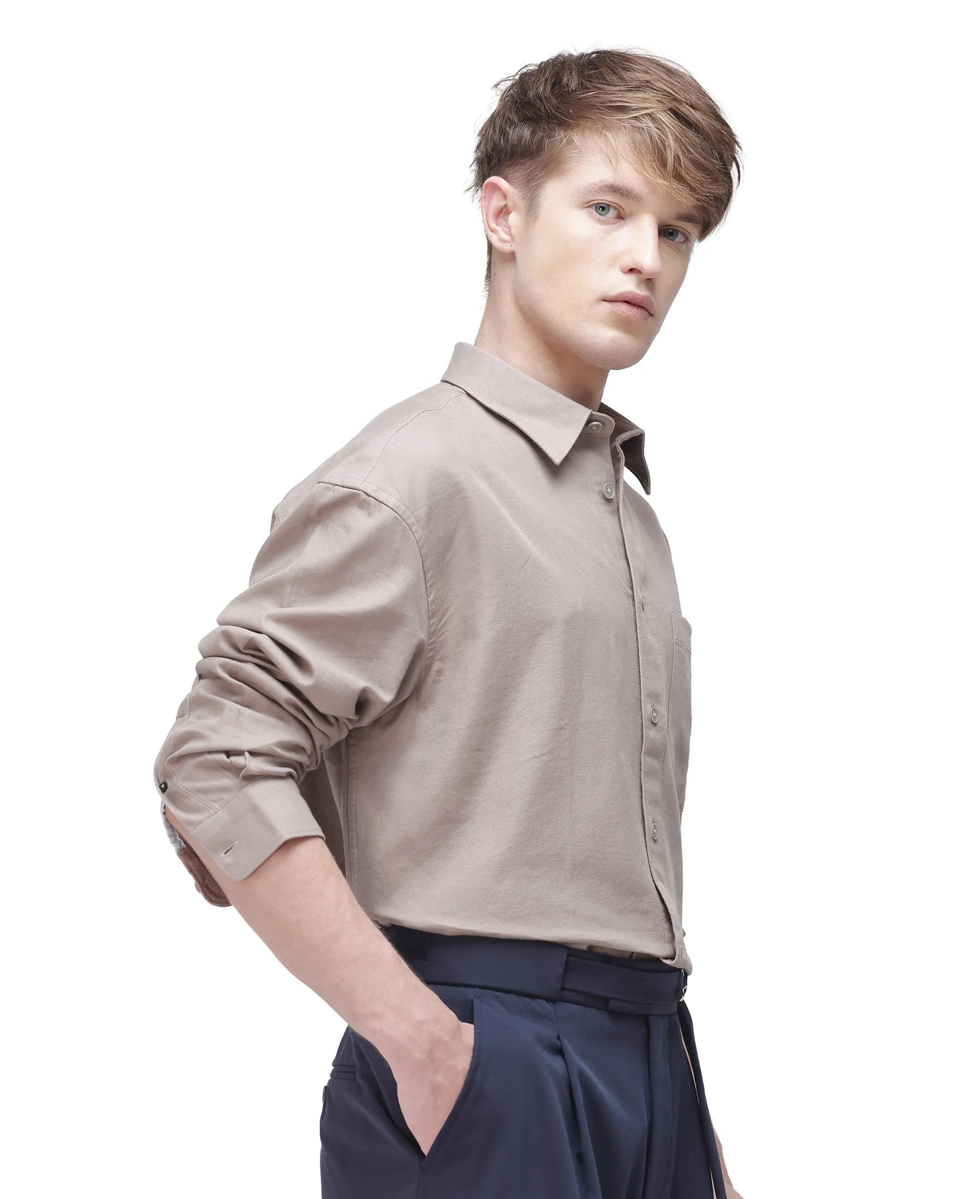 Rare Rabbit Men's Let Dark Beige Cotton Plain Boxy Fit Full Sleeve Collared Shirt