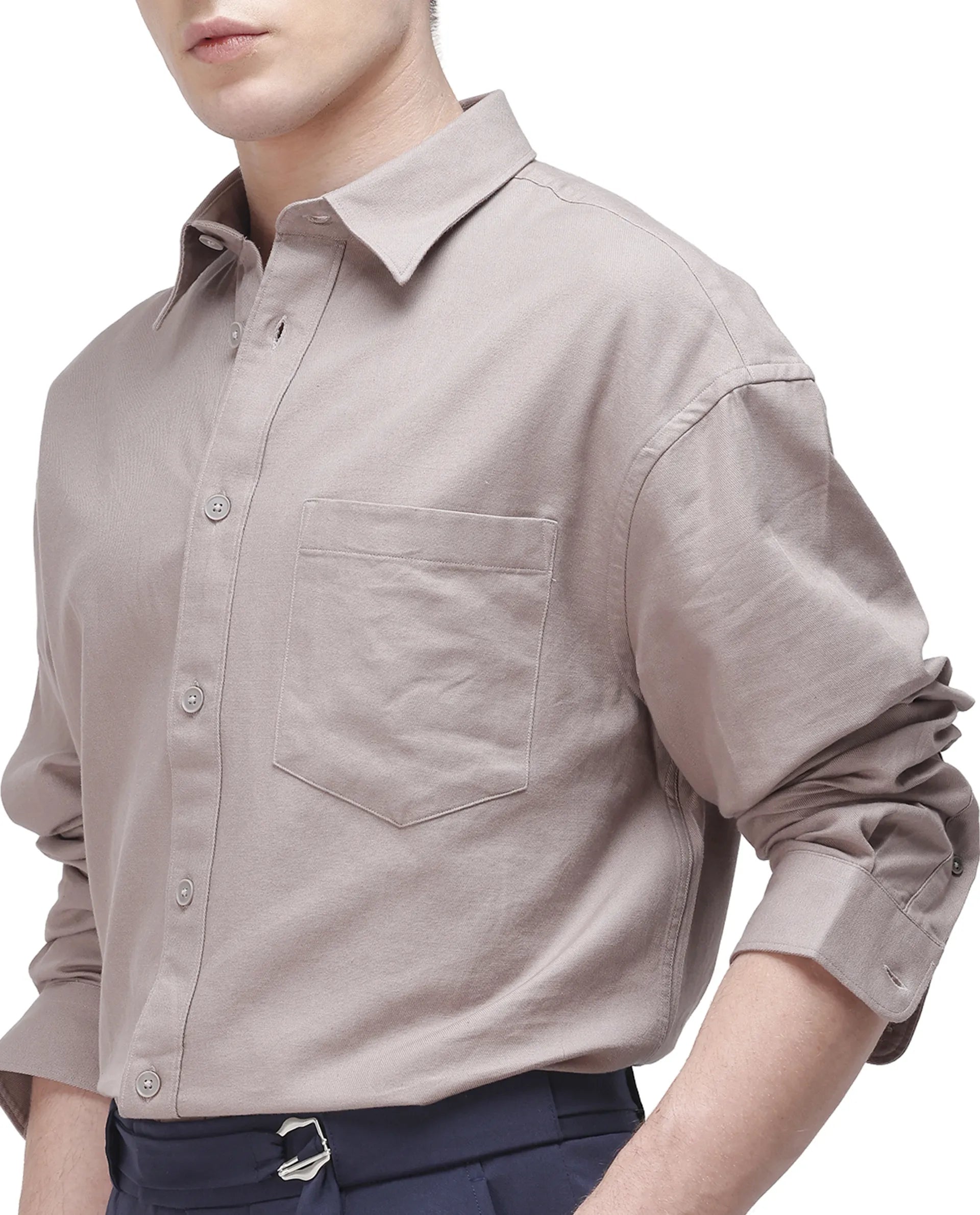 Rare Rabbit Men's Let Dark Beige Cotton Plain Boxy Fit Full Sleeve Collared Shirt