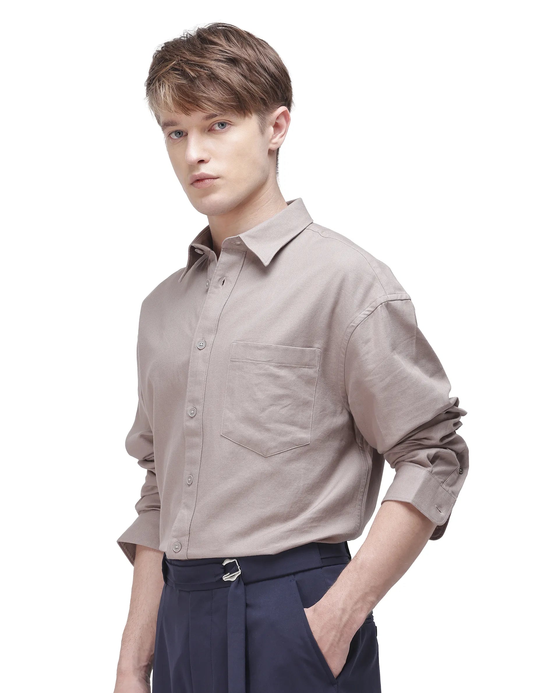 Rare Rabbit Men's Let Dark Beige Cotton Plain Boxy Fit Full Sleeve Collared Shirt