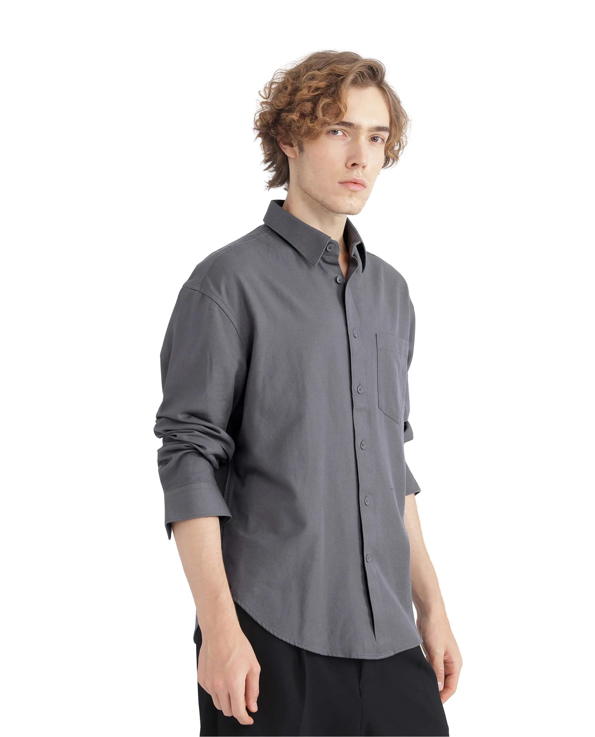 Rare Rabbit Men Let Dark Grey Cotton Fabric Full Sleeve Regular Collared Button Closure Boxy Fit Plain Shirt