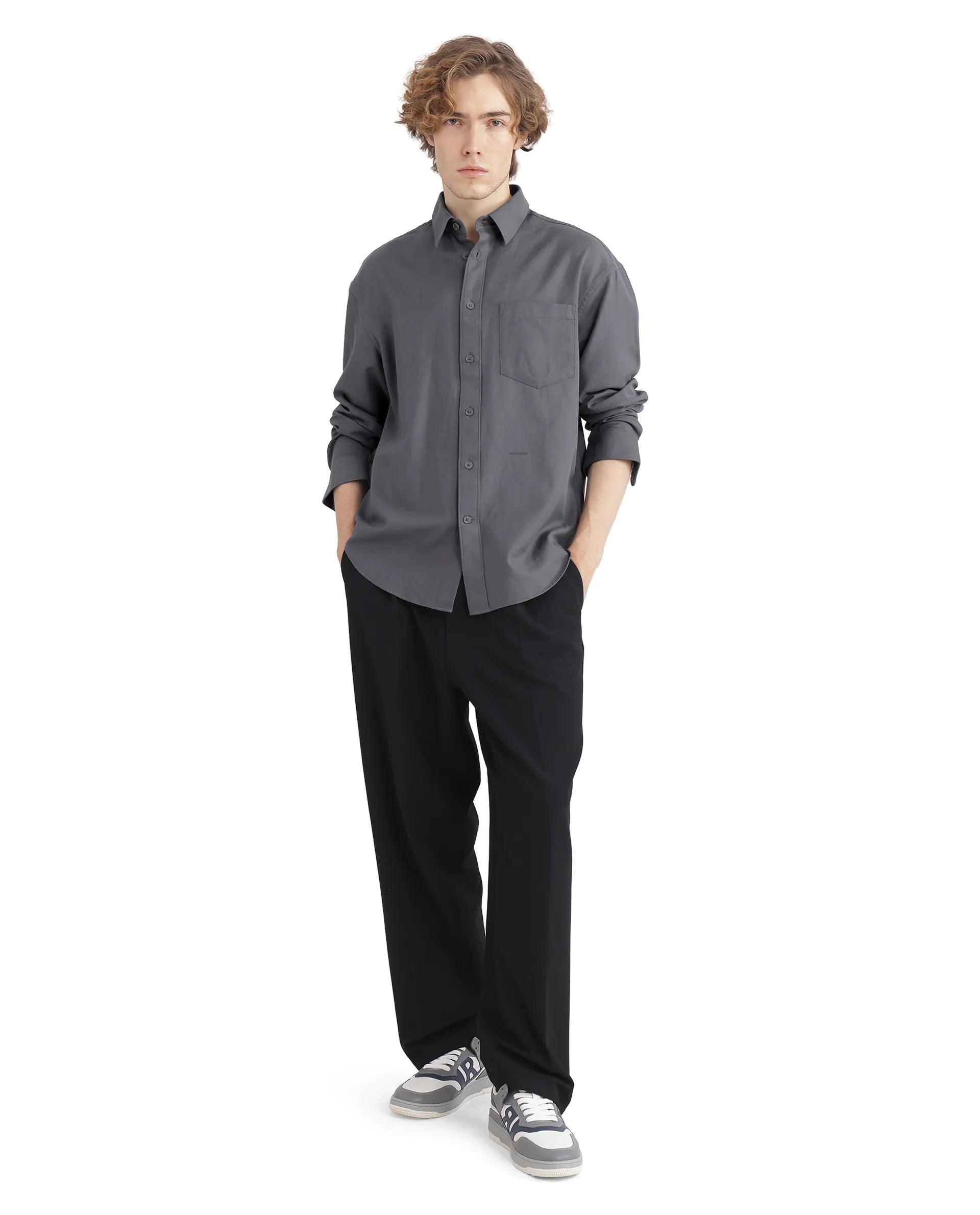 Rare Rabbit Men Let Dark Grey Cotton Fabric Full Sleeve Regular Collared Button Closure Boxy Fit Plain Shirt